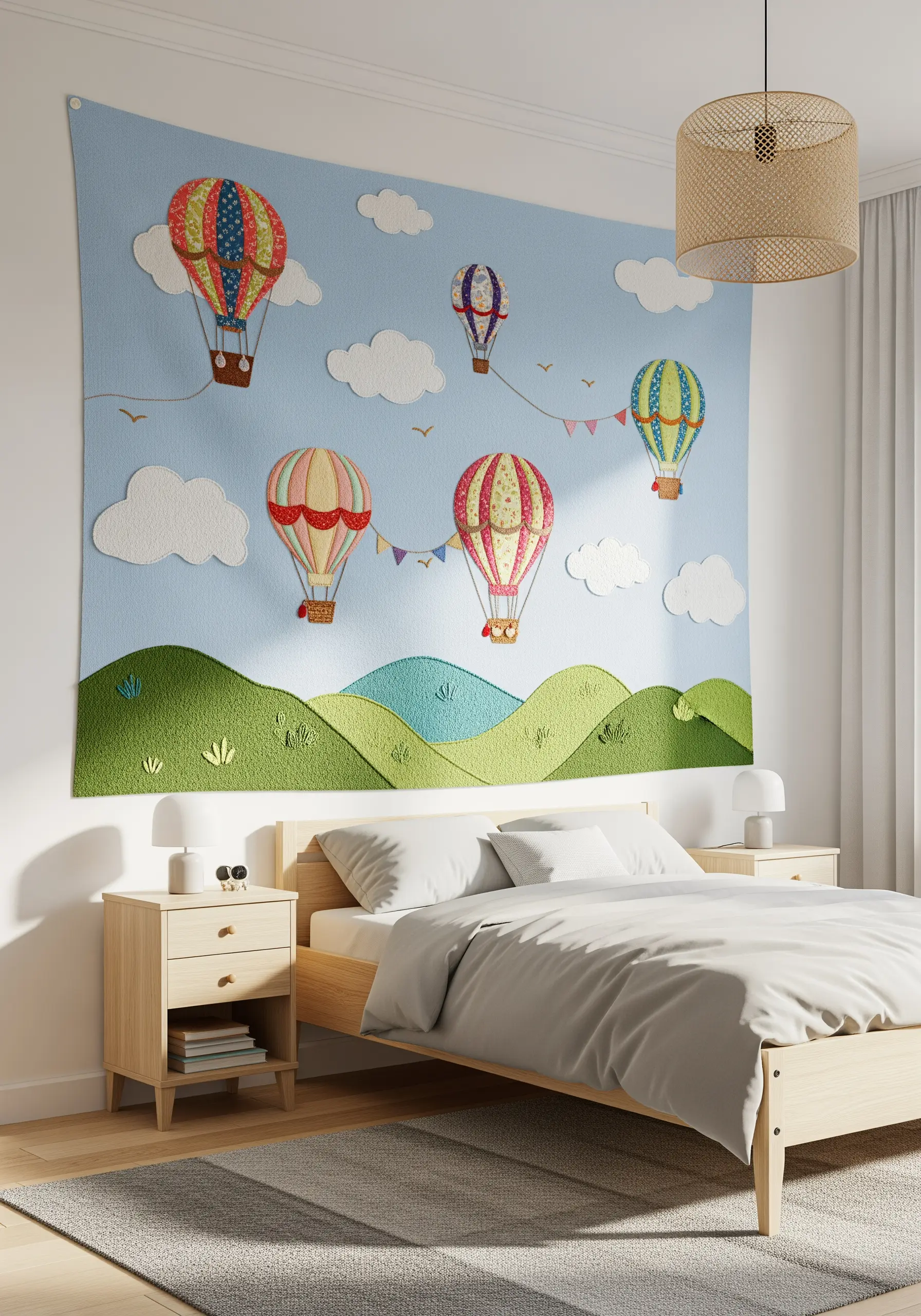A large, light blue tapestry featuring colorful hot air balloons and clouds over green hills.