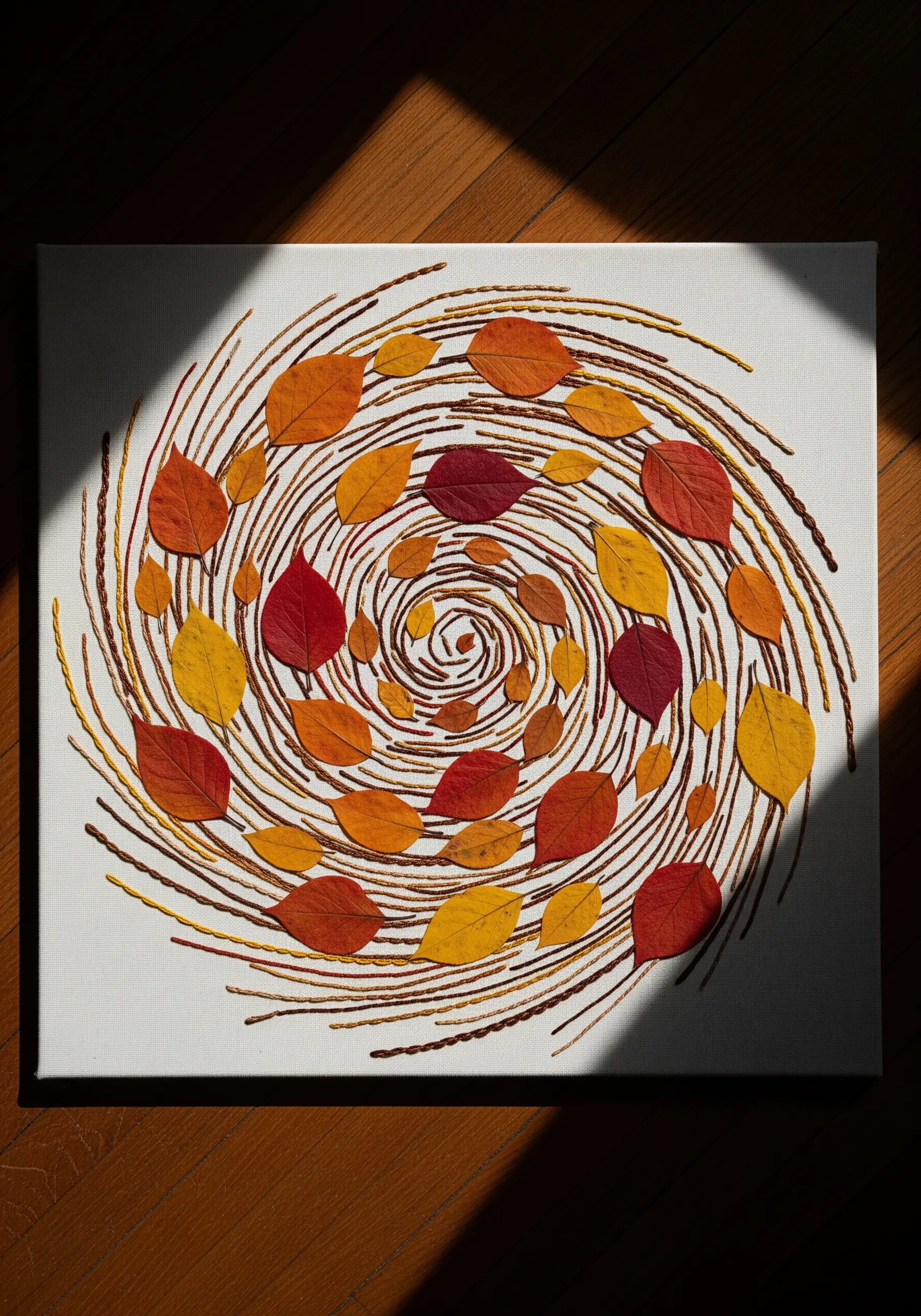 A spiral of brown textured embroidery on a canvas, with pressed autumn leaves scattered within.