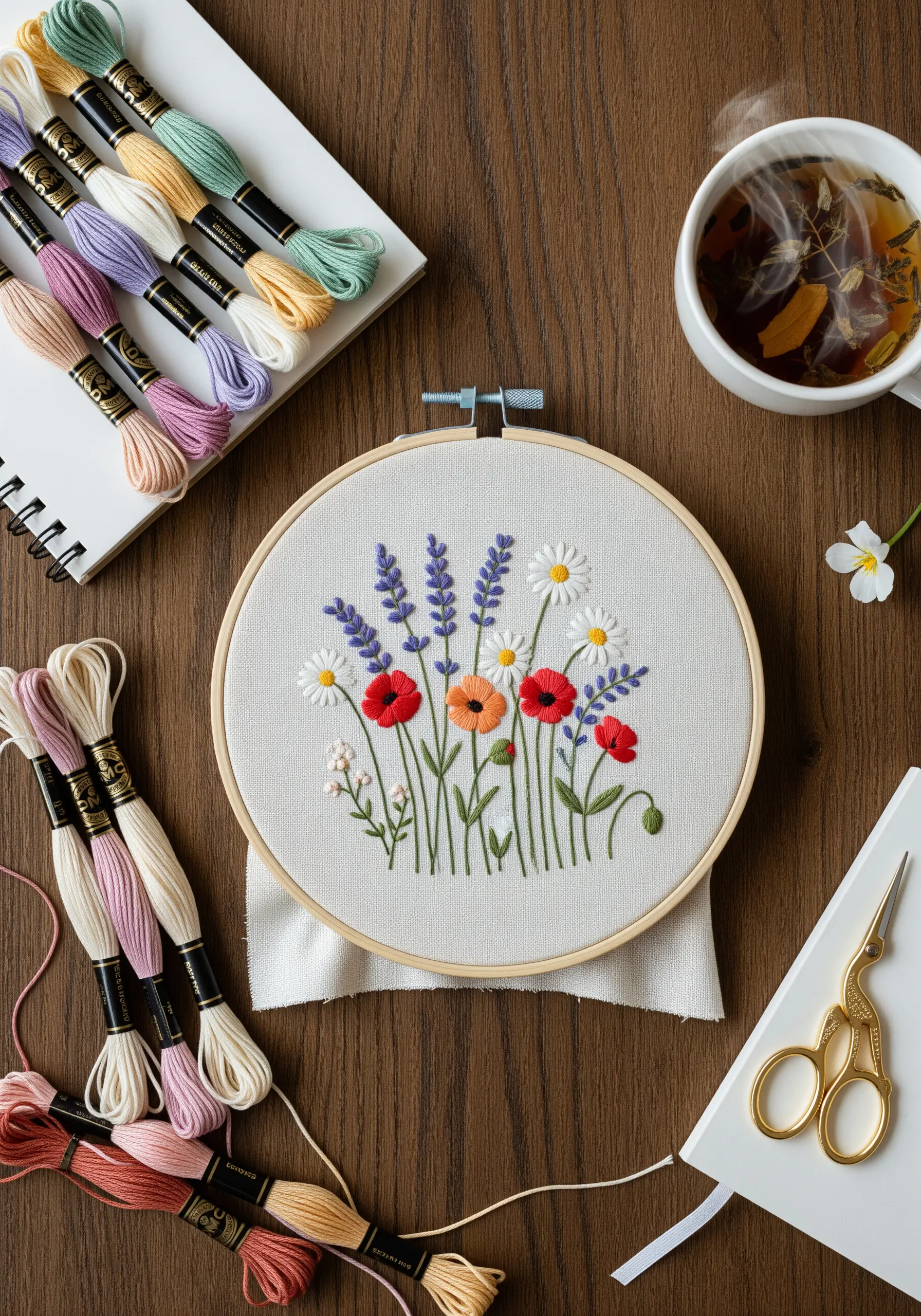 Embroidery hoop with a colorful arrangement of wildflowers like poppies, daisies, and lavender.
