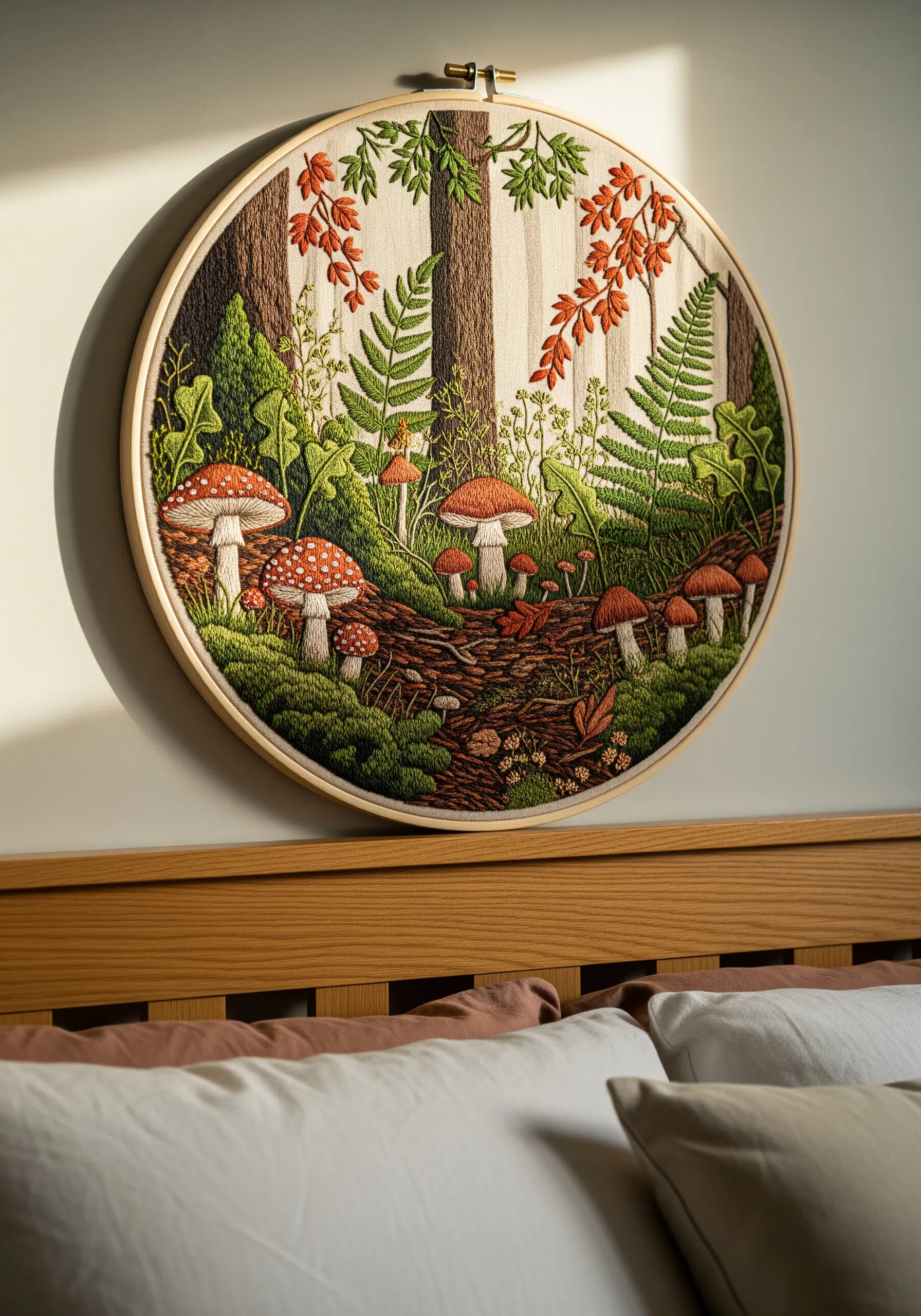 Detailed embroidery hoop of a forest scene with mushrooms, ferns, and trees above a bed.