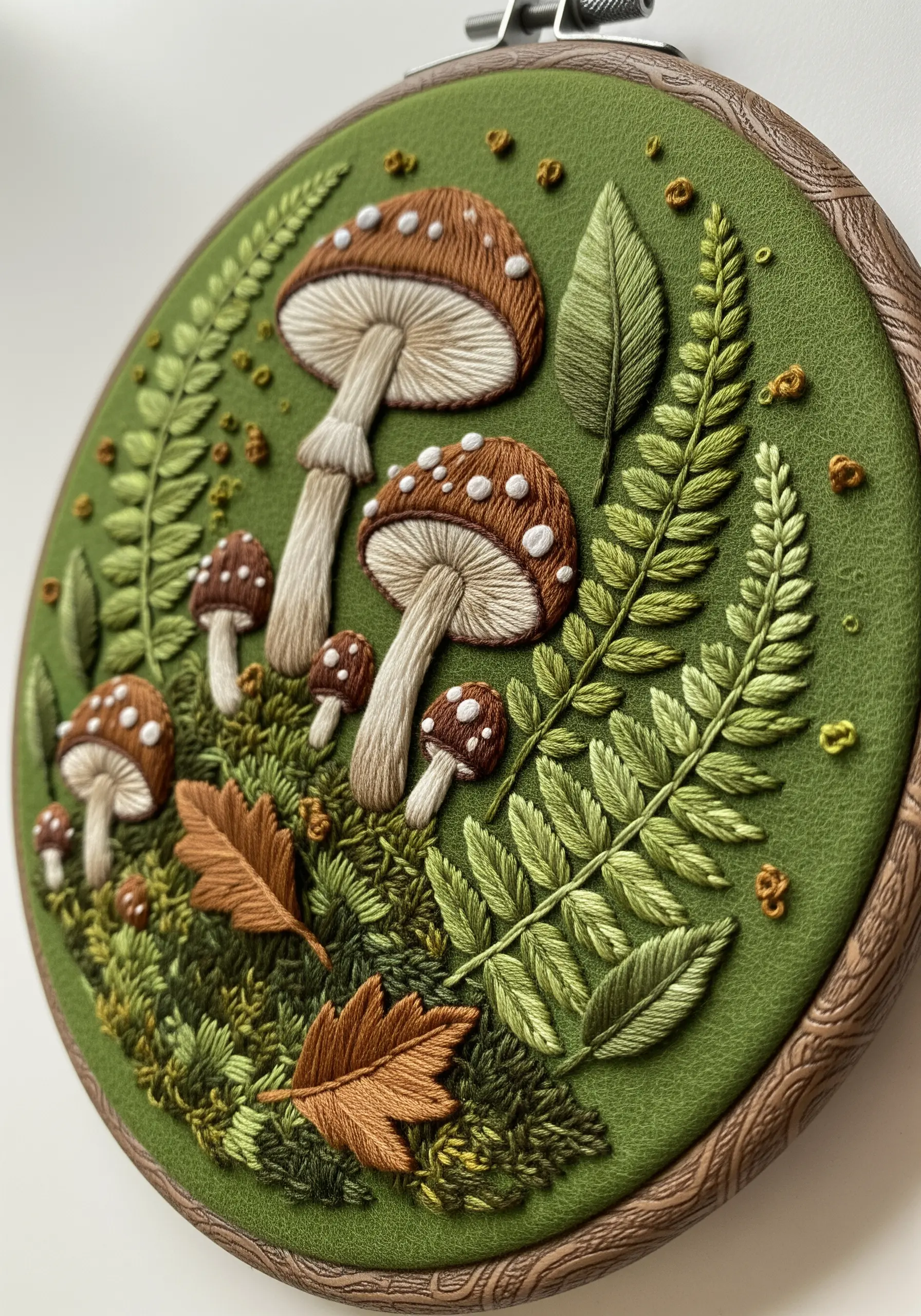 3D stumpwork embroidery of mushrooms and ferns on a green fabric background.