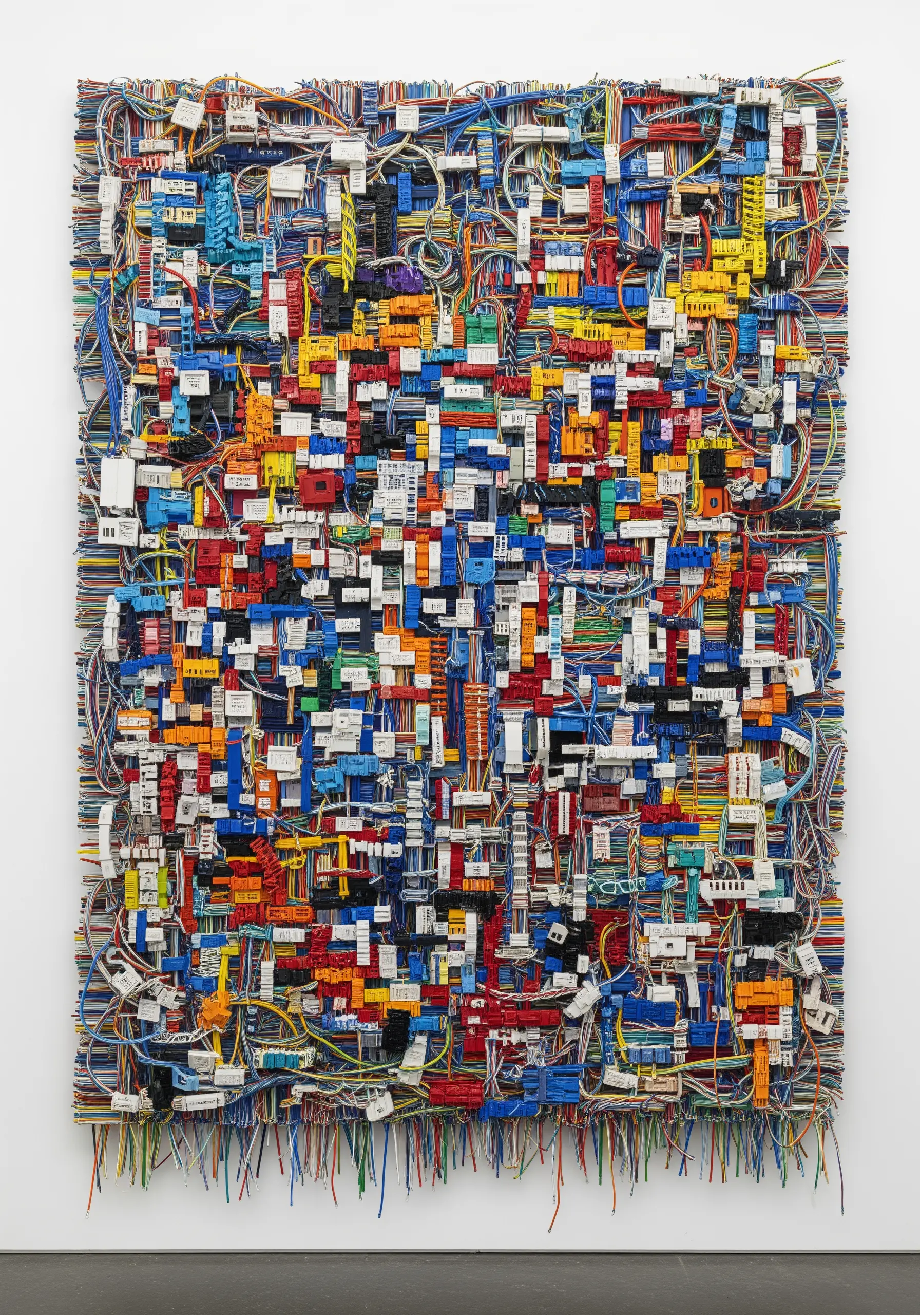 A dense, colorful wall tapestry made entirely of recycled computer wires and electronic components.