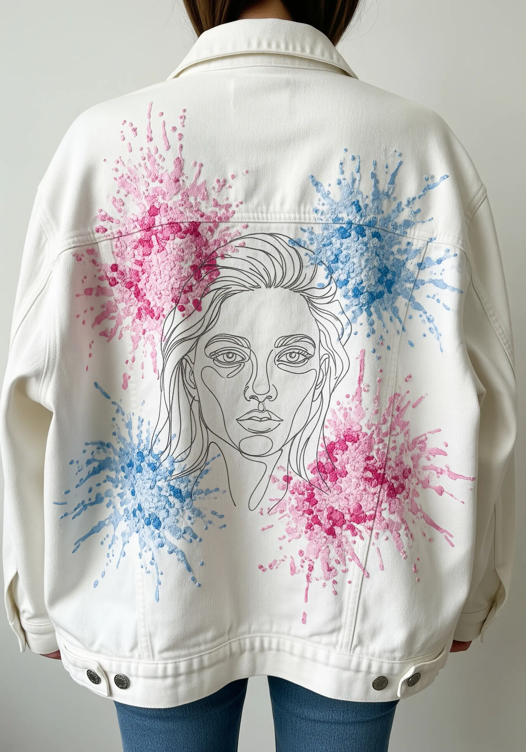 Line art portrait on a white jacket with pink and blue embroidered 'paint splatters.'