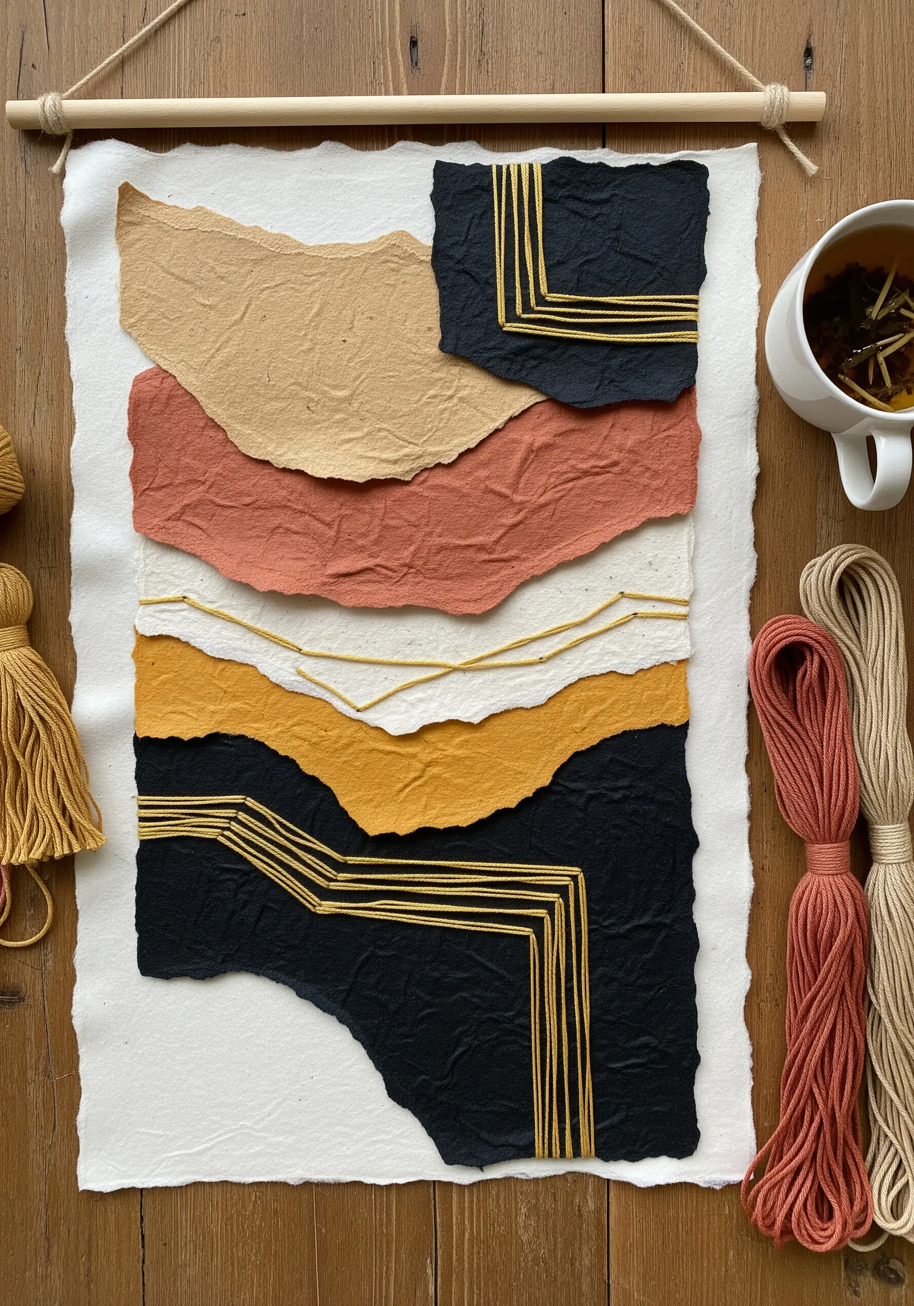 Abstract wall hanging with torn paper in earth tones and geometric gold thread stitches.
