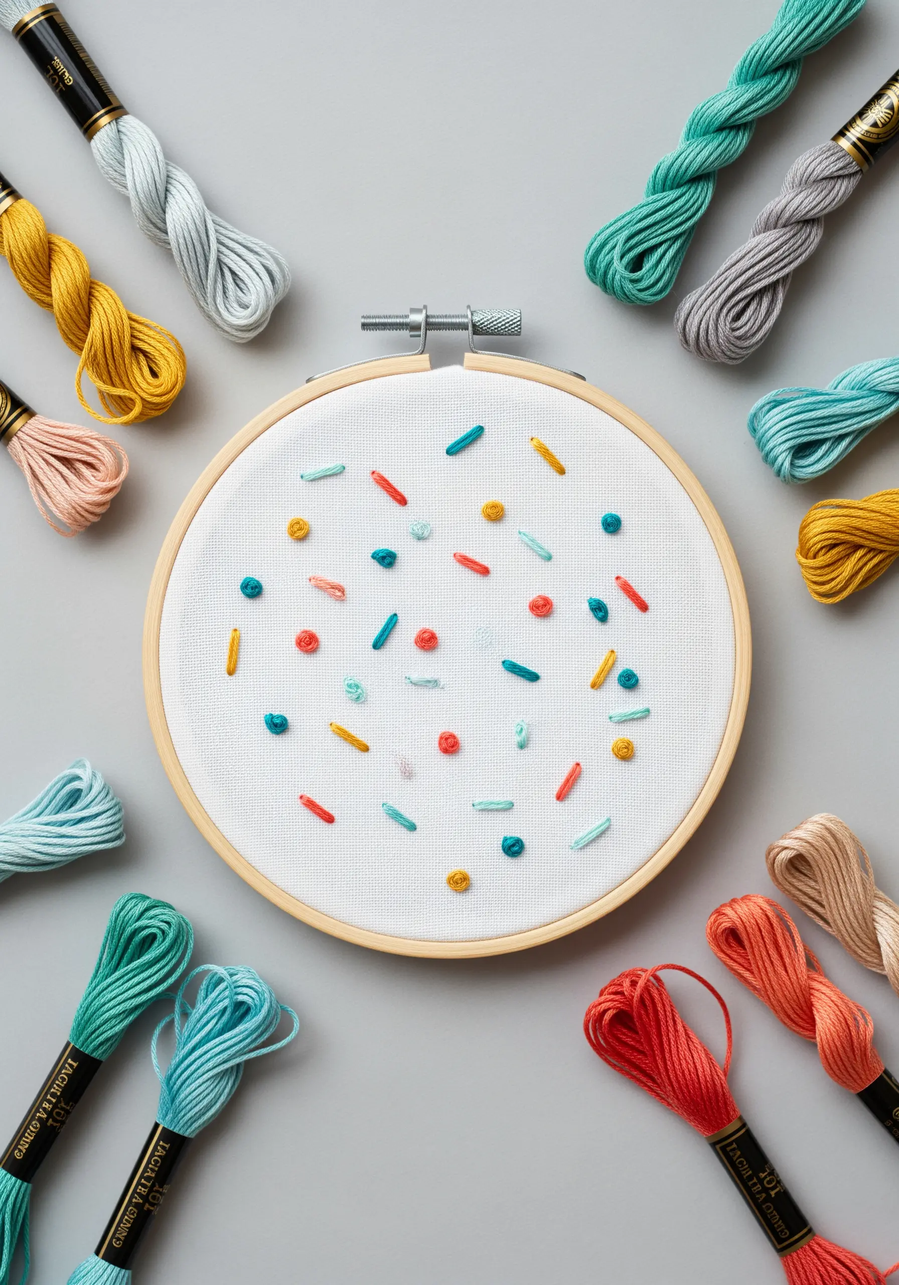 Abstract 'sprinkles' design in a hoop using colorful, elongated French knots.