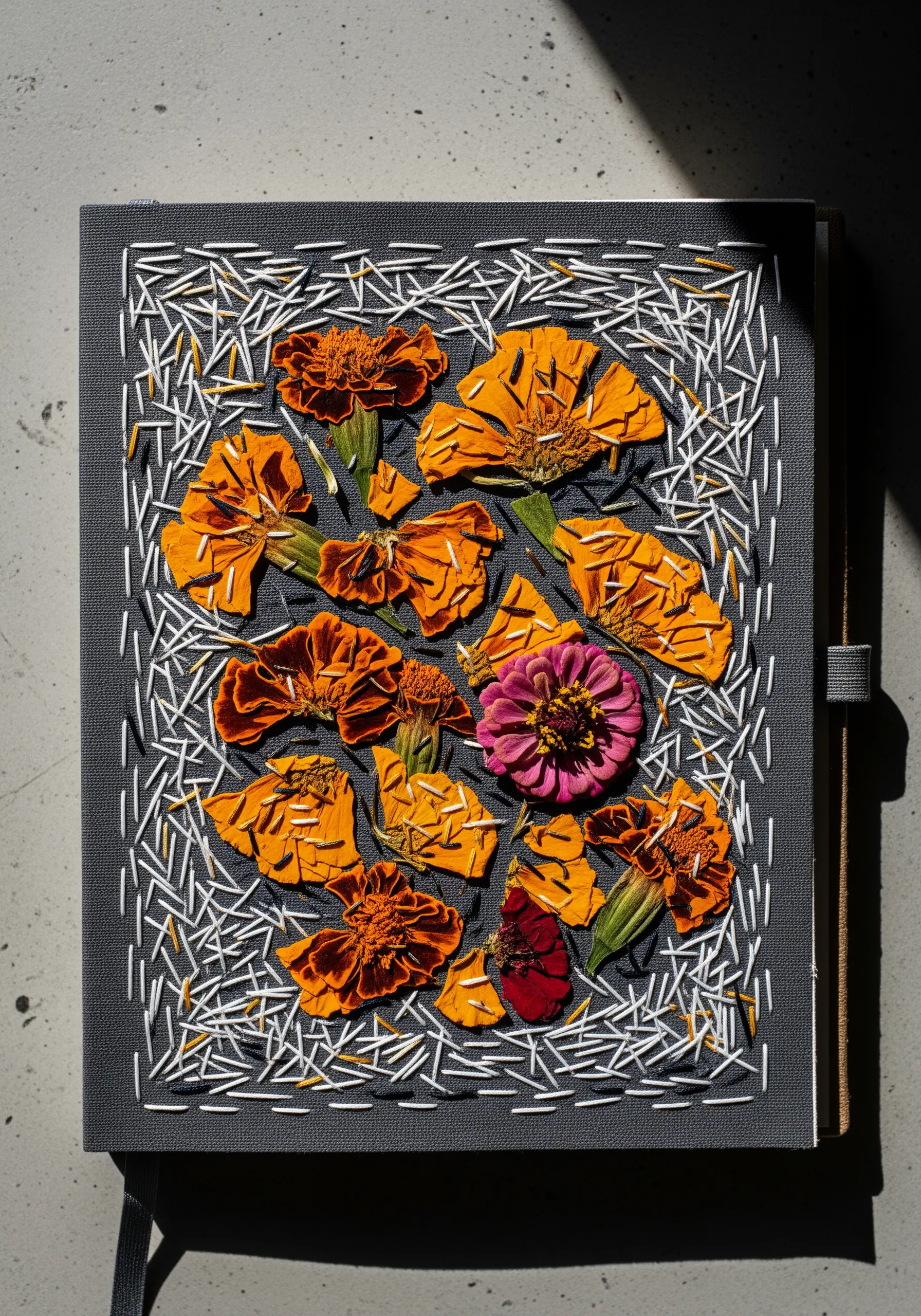Deconstructed marigold petals held down by a chaotic mesh of white straight stitches.