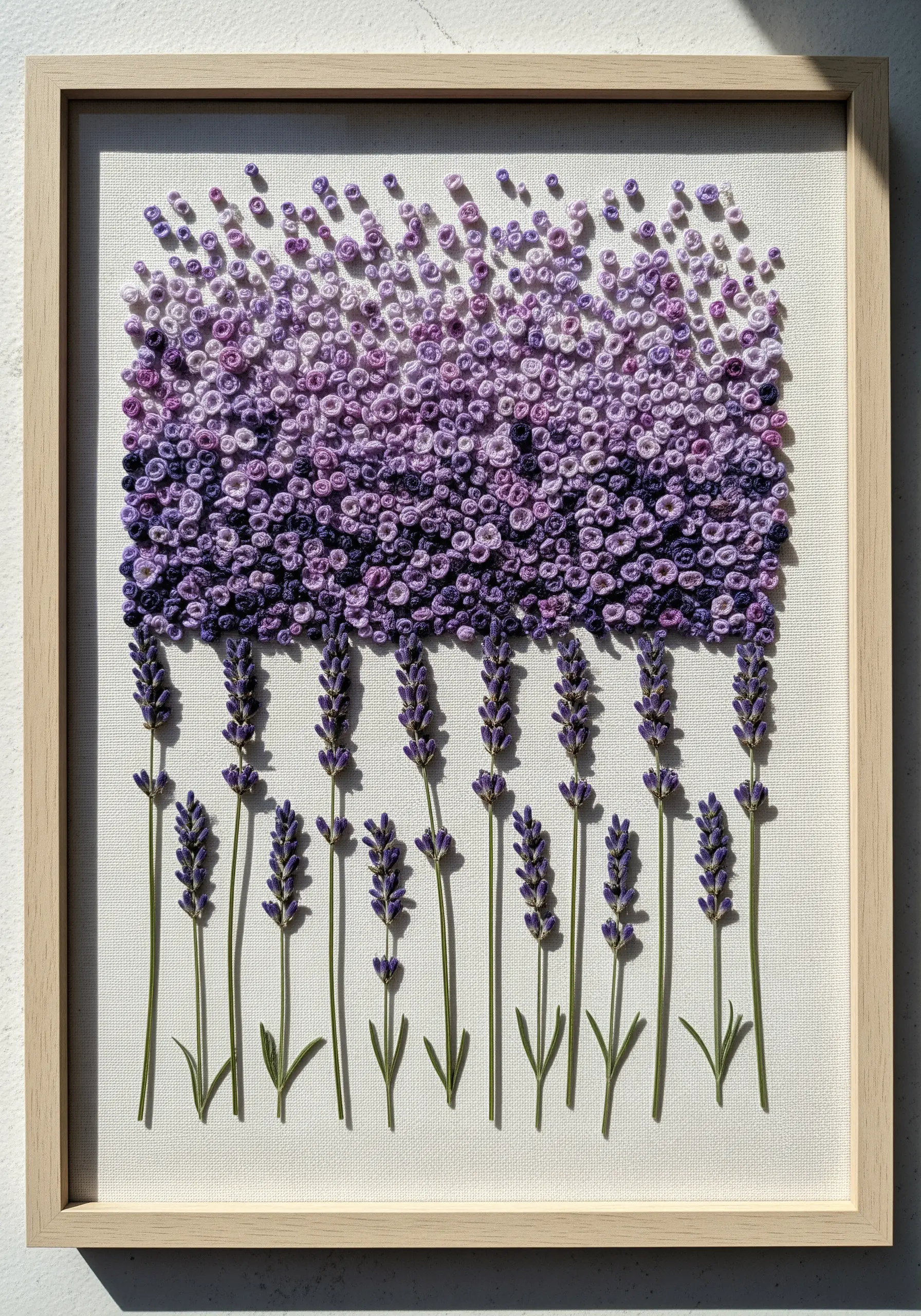Abstract gradient of purple French knots above pressed lavender stems.