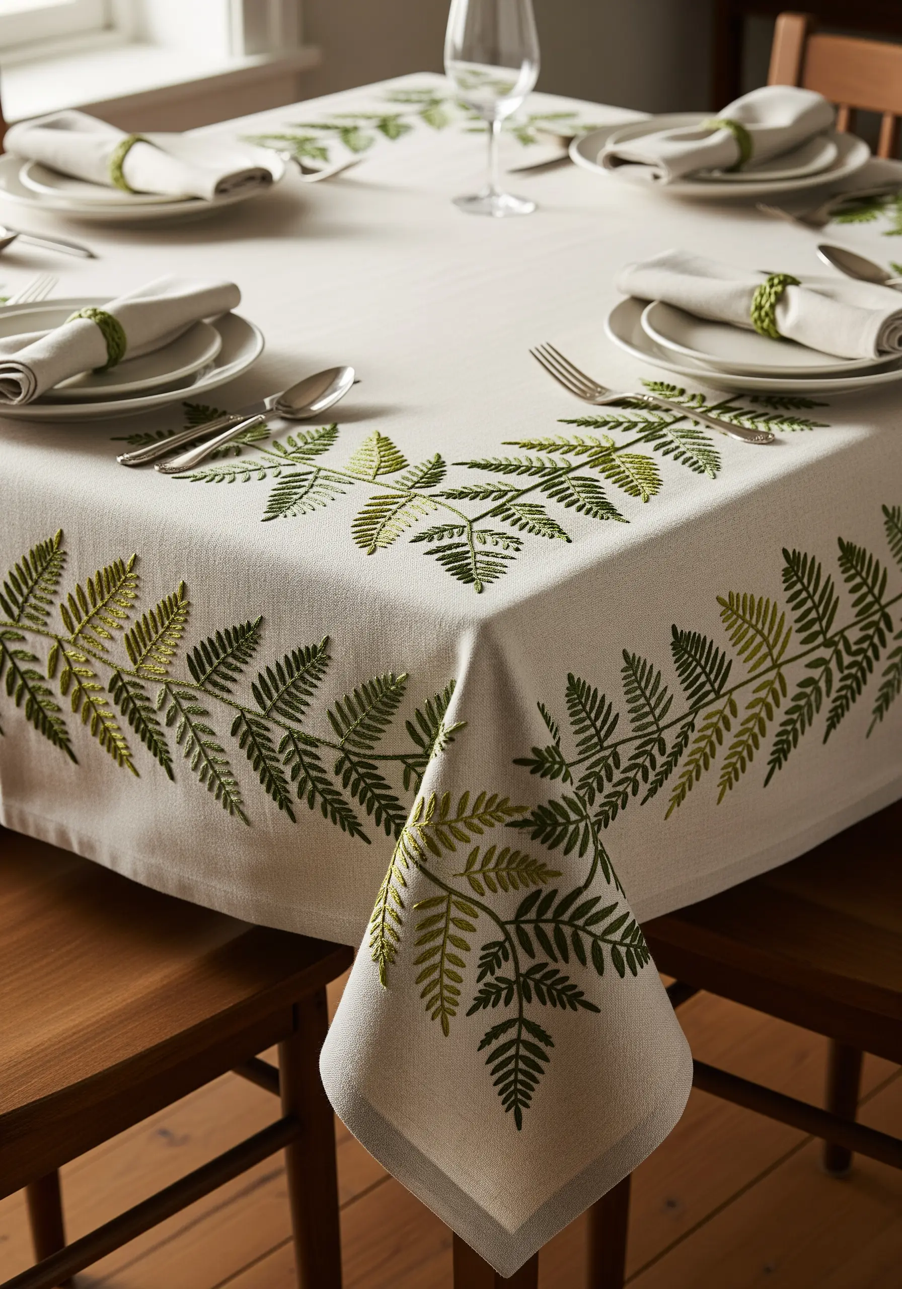 Tablecloth corner with an embroidered border of overlapping green fern leaves.