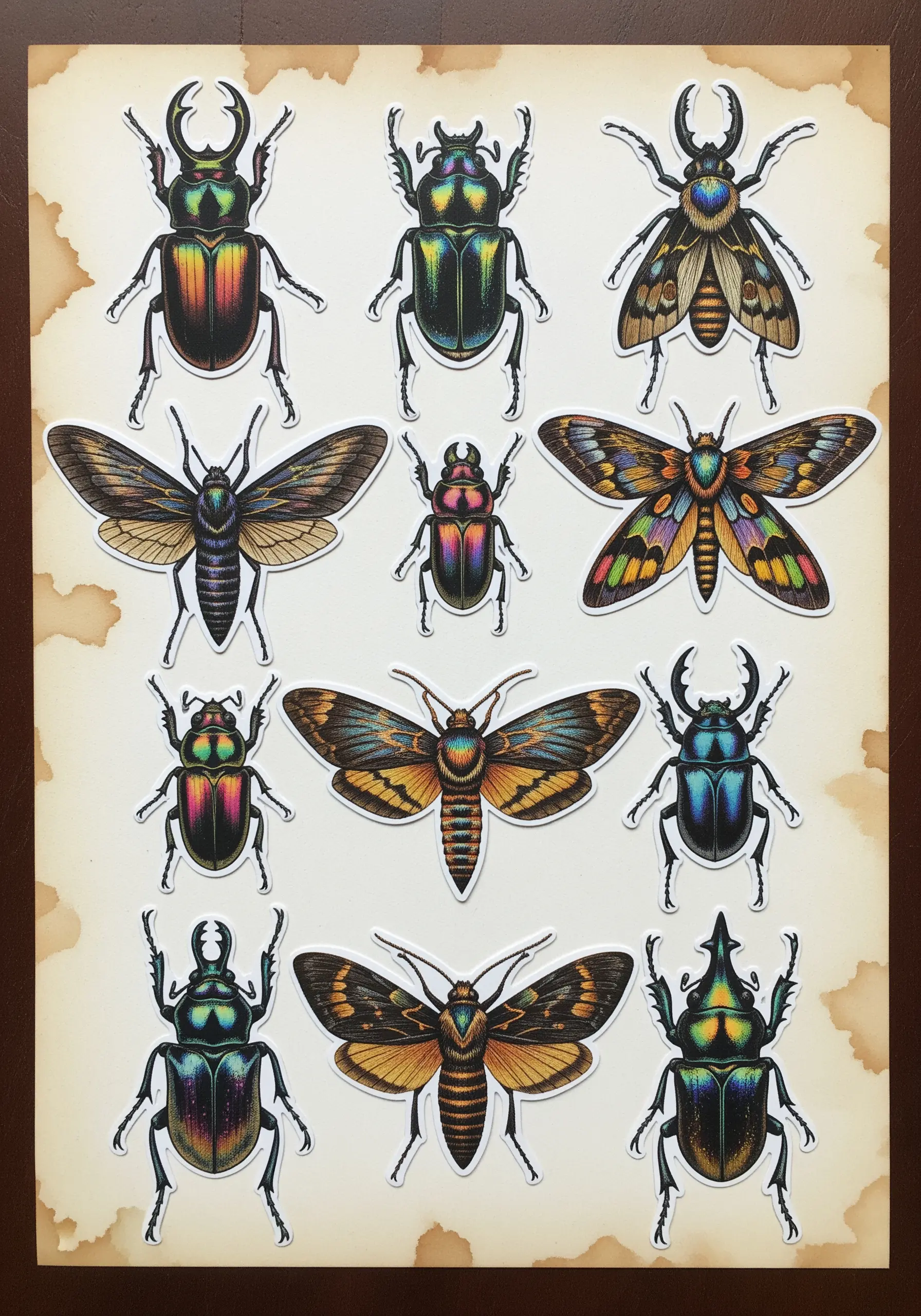 A collection of iridescent insect illustrations arranged like a scientific specimen display.