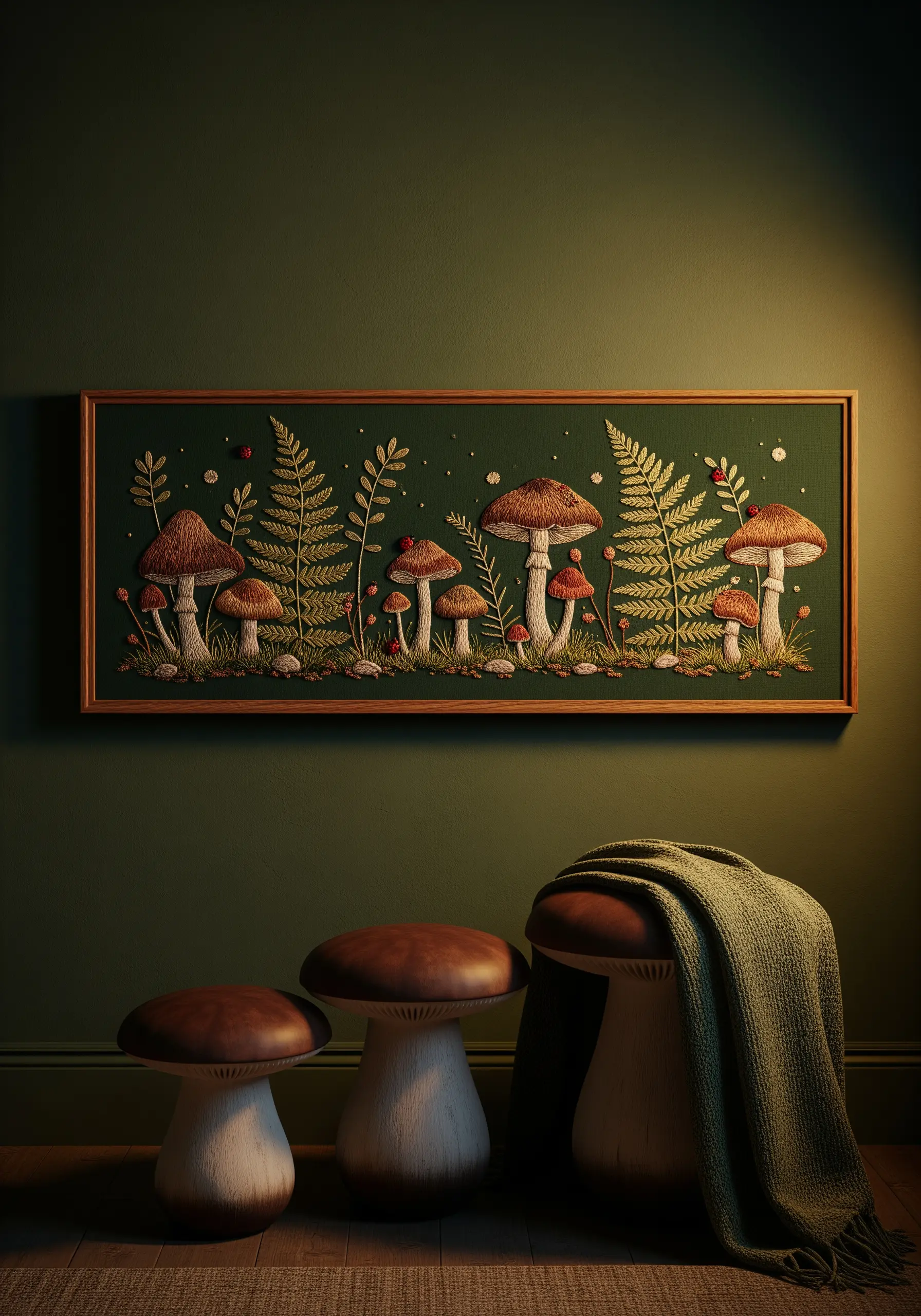 A detailed embroidery of a mushroom forest scene on a dark green background.