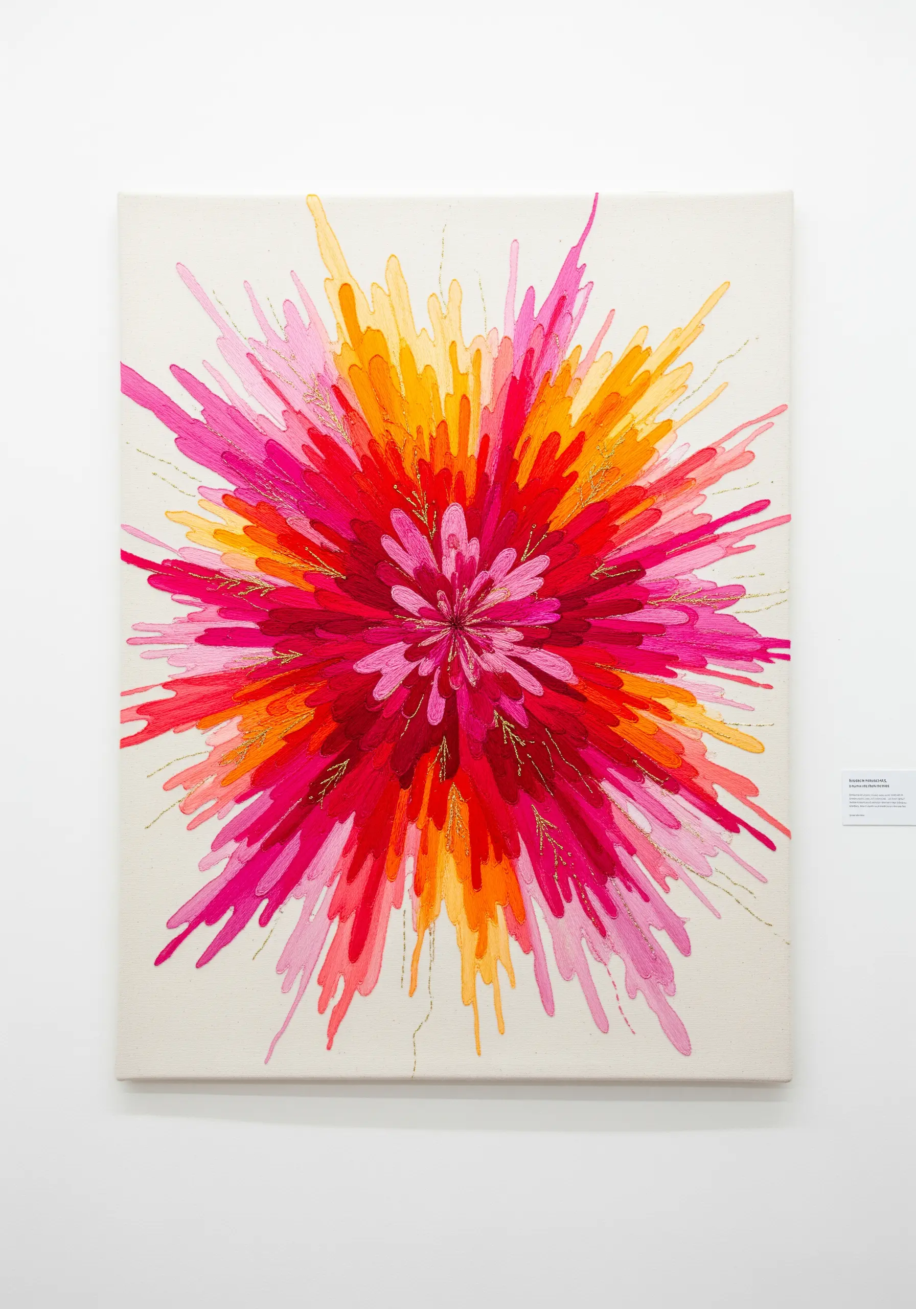 Abstract embroidery on a canvas depicting a vibrant pink, red, and orange color explosion.