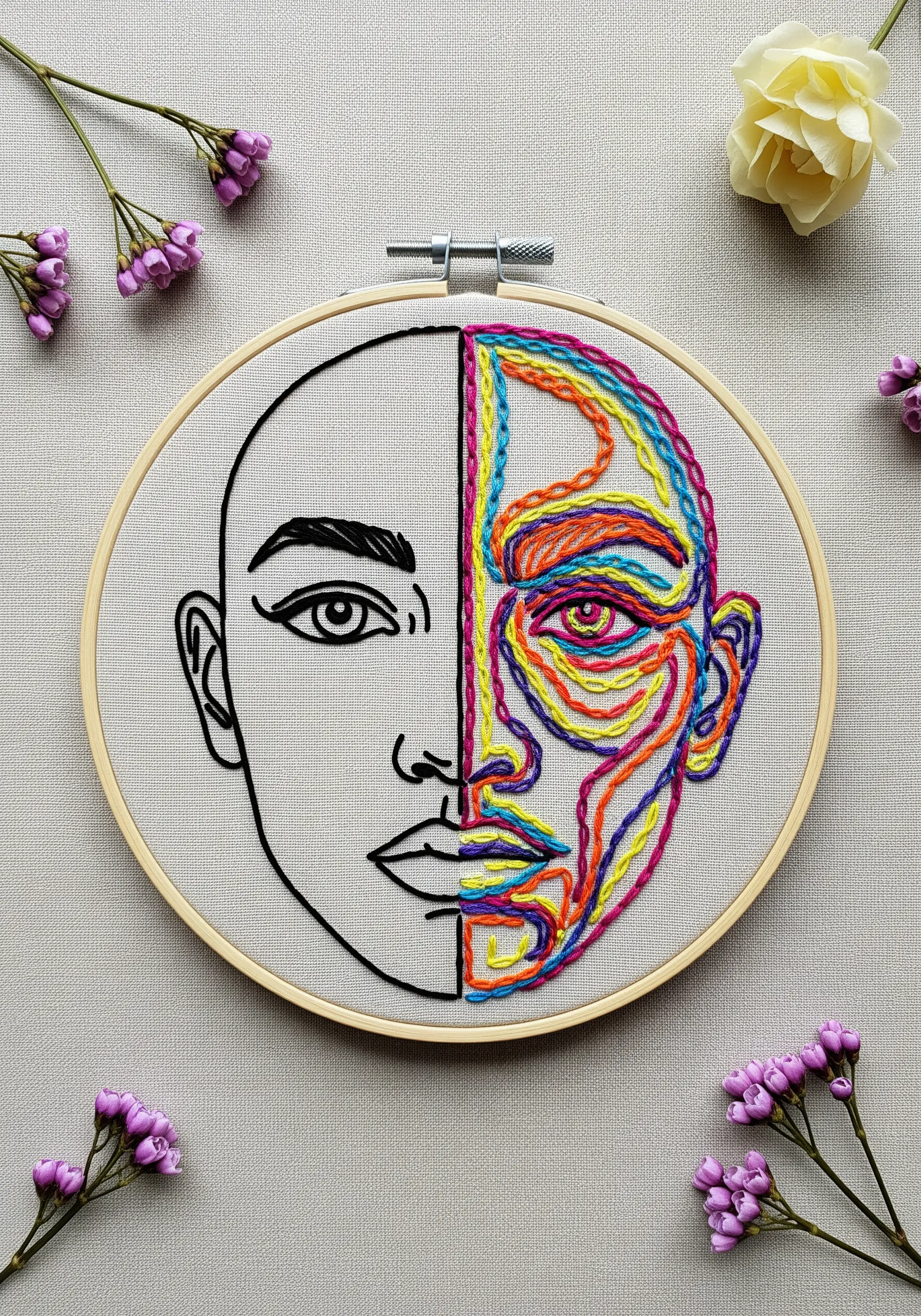 A delicate line art face embroidered on transparent organza, held up to a window.