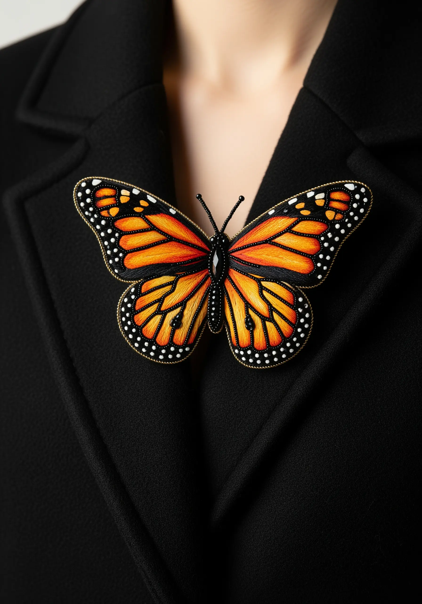 A detailed monarch butterfly brooch with beaded edges, worn on a black coat.