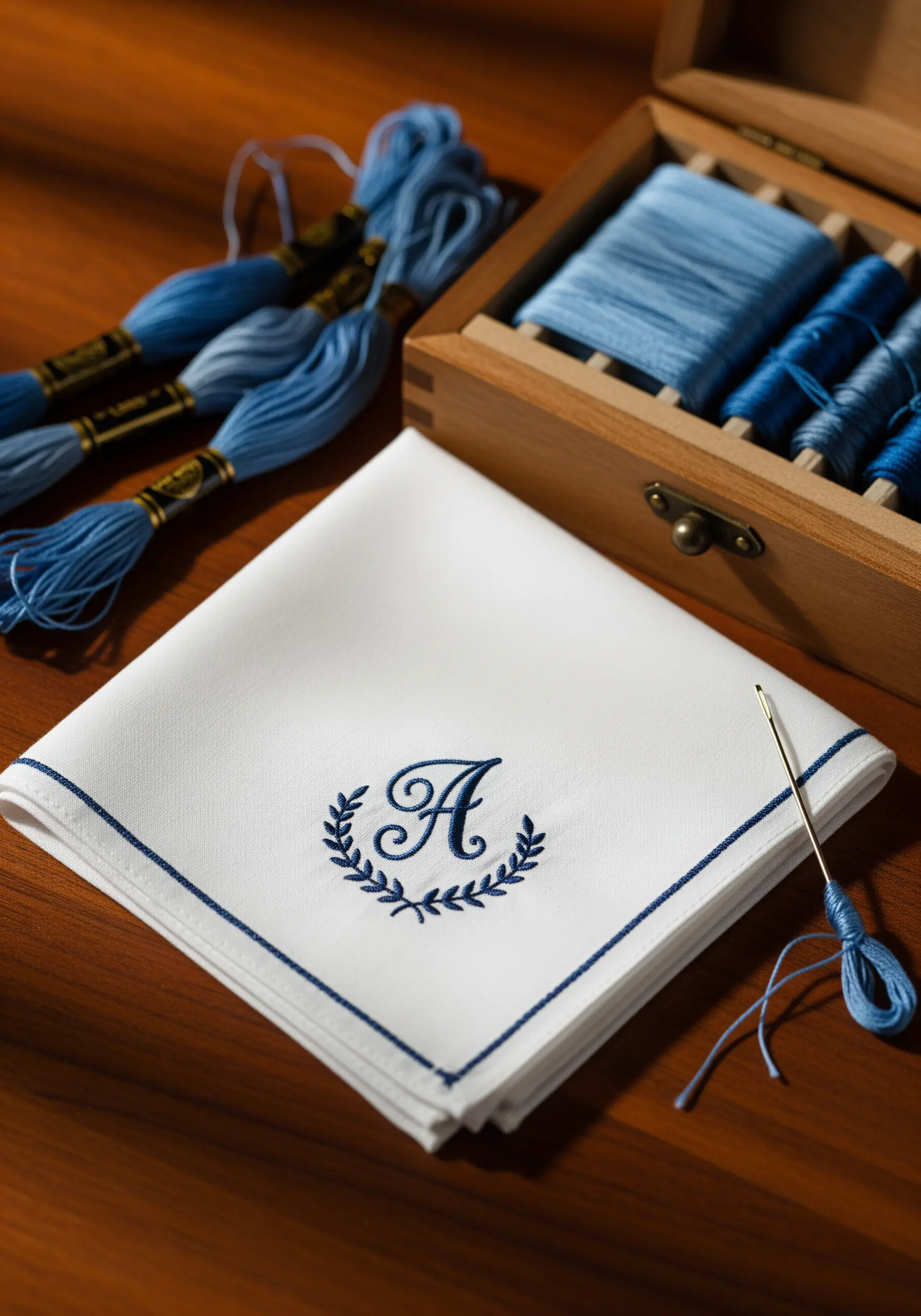 A classic white handkerchief with an elegant embroidered blue monogram 'A' and laurel wreath.