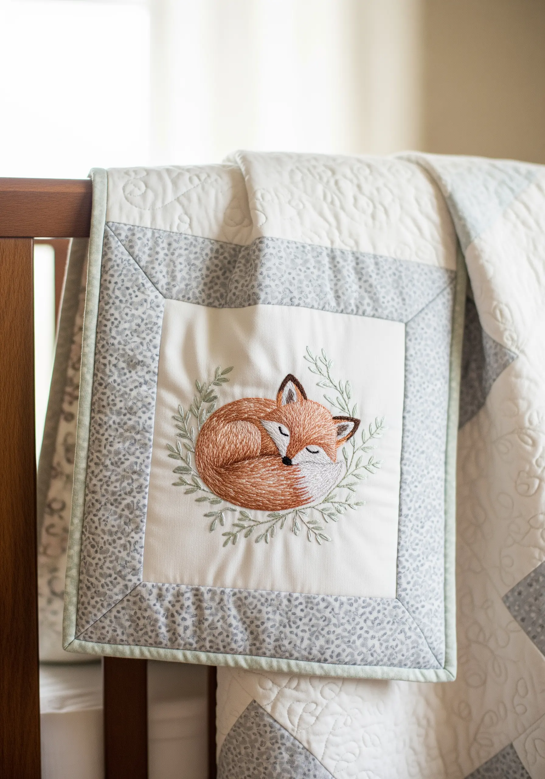 A baby quilt with a central embroidered block featuring a sleeping fox surrounded by leaves.