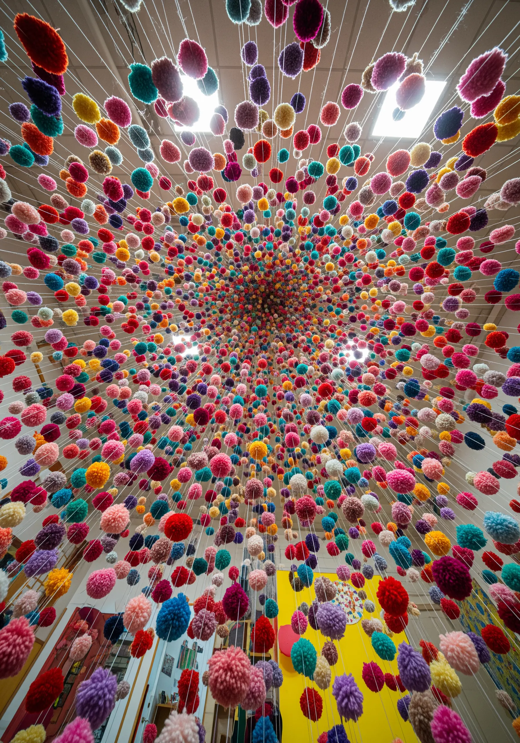 Looking up into a dense canopy of thousands of colorful pom-poms suspended on individual strings.