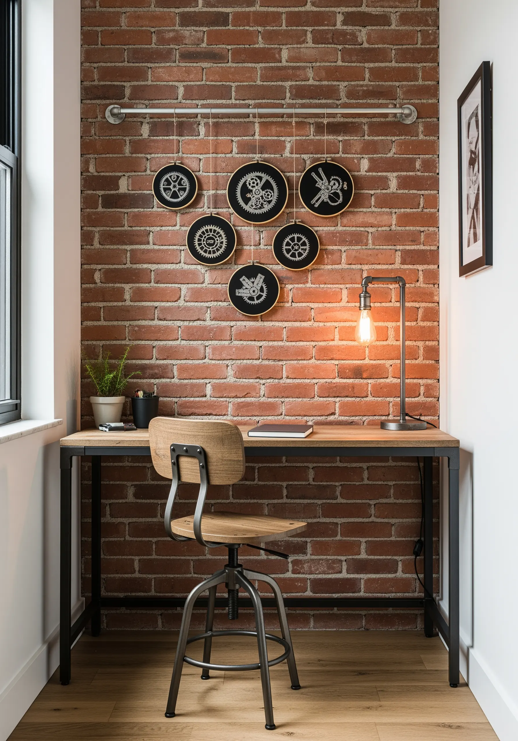 A cluster of small black embroidery hoops with white gear motifs hanging on a brick wall.