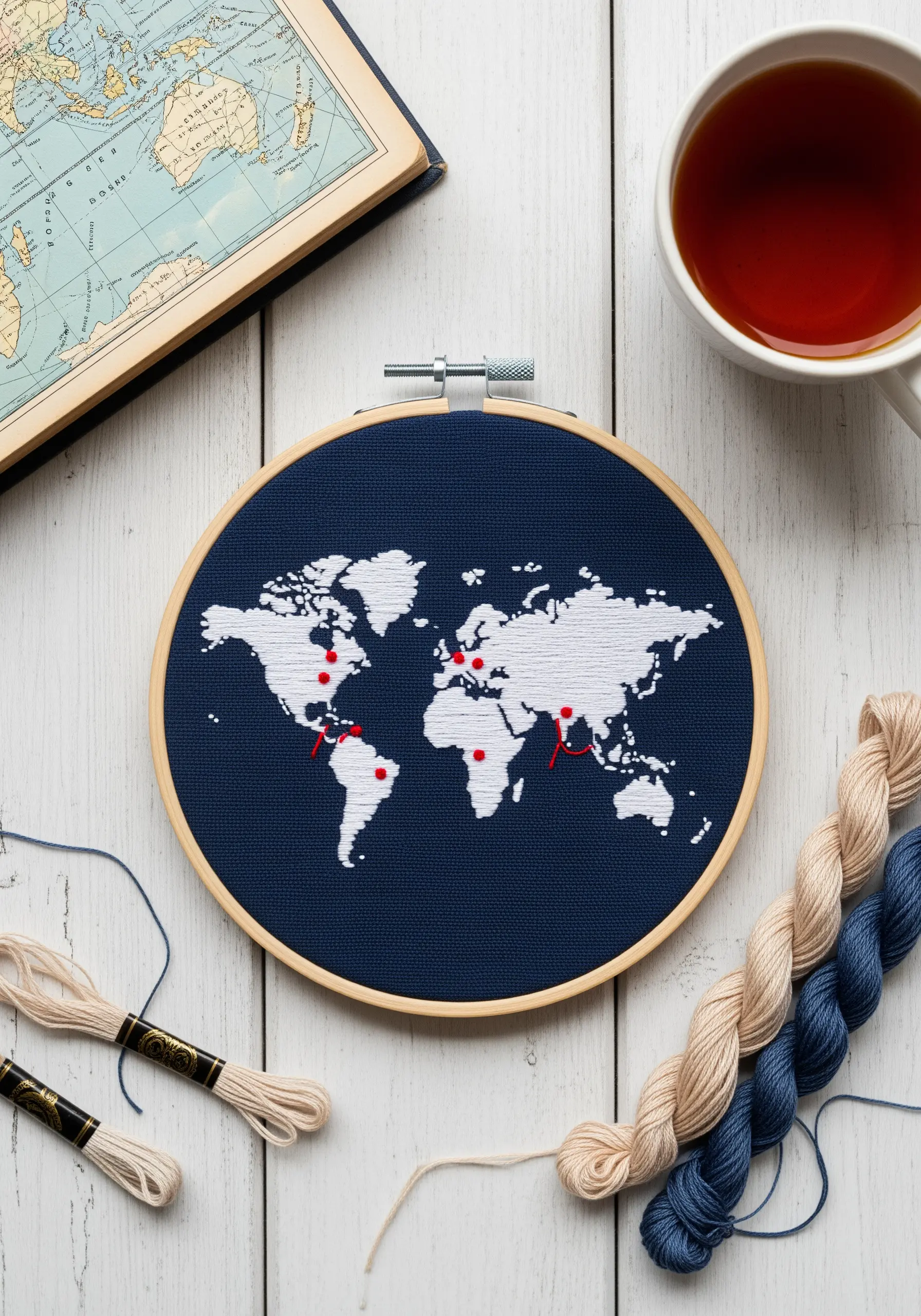 A world map embroidered in white on navy fabric, with red stitches marking locations.