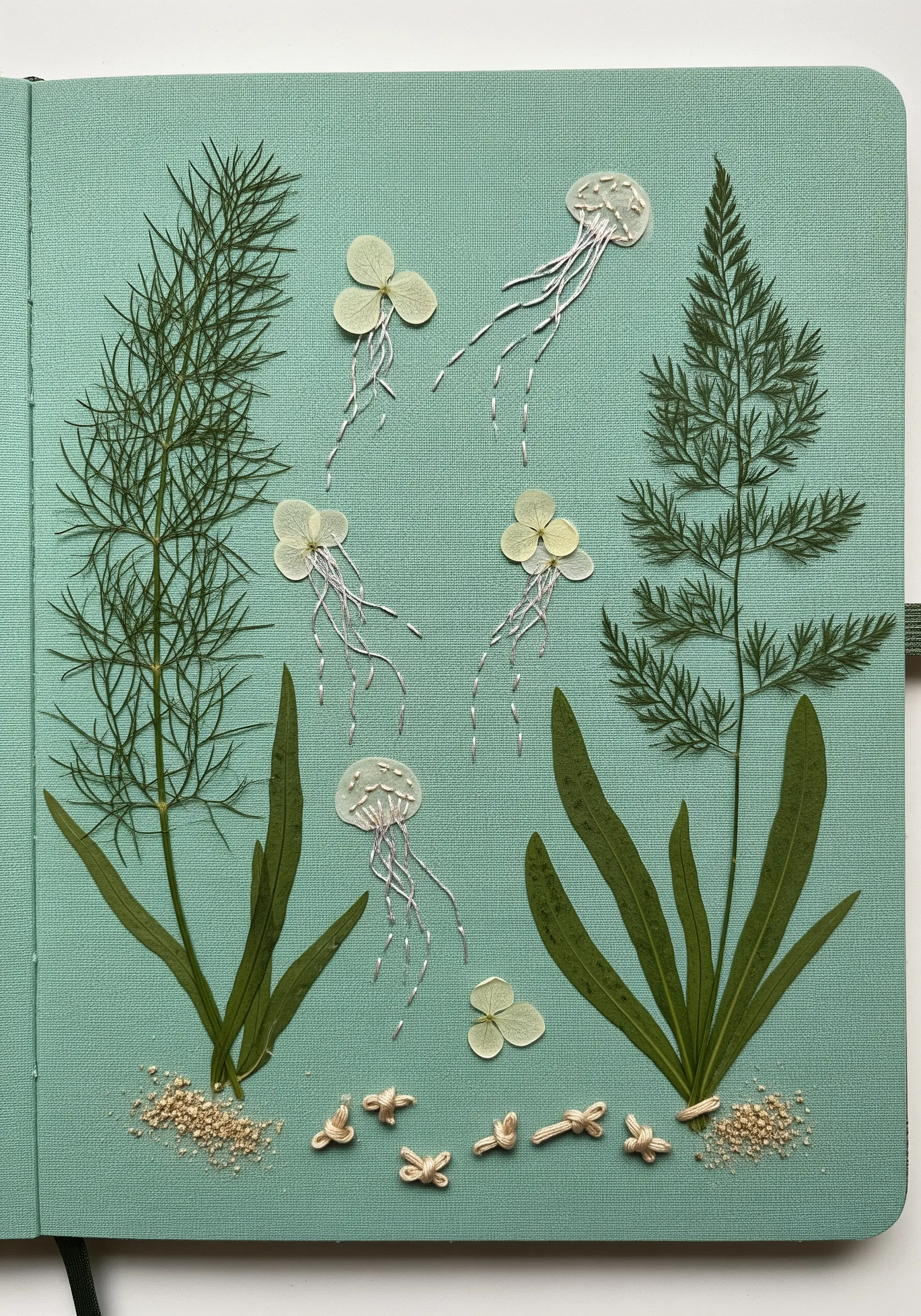 Pressed ferns and dill used as seaweed with embroidered jellyfish in a journal.