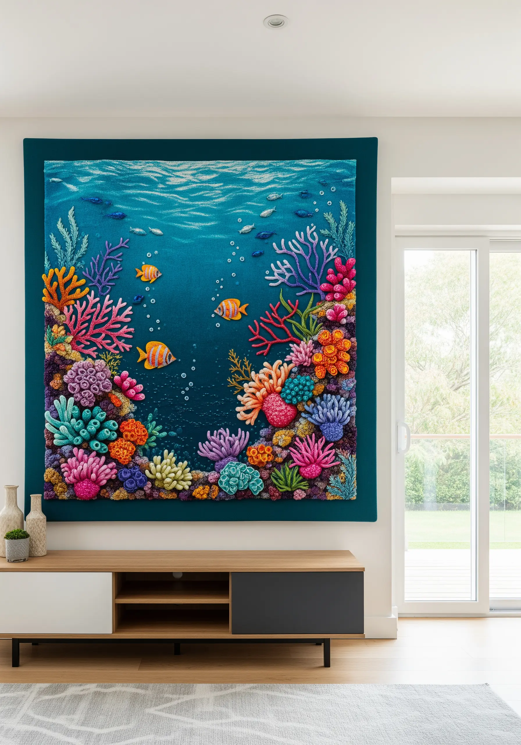A large, colorful embroidered tapestry depicting a vibrant coral reef scene with fish.