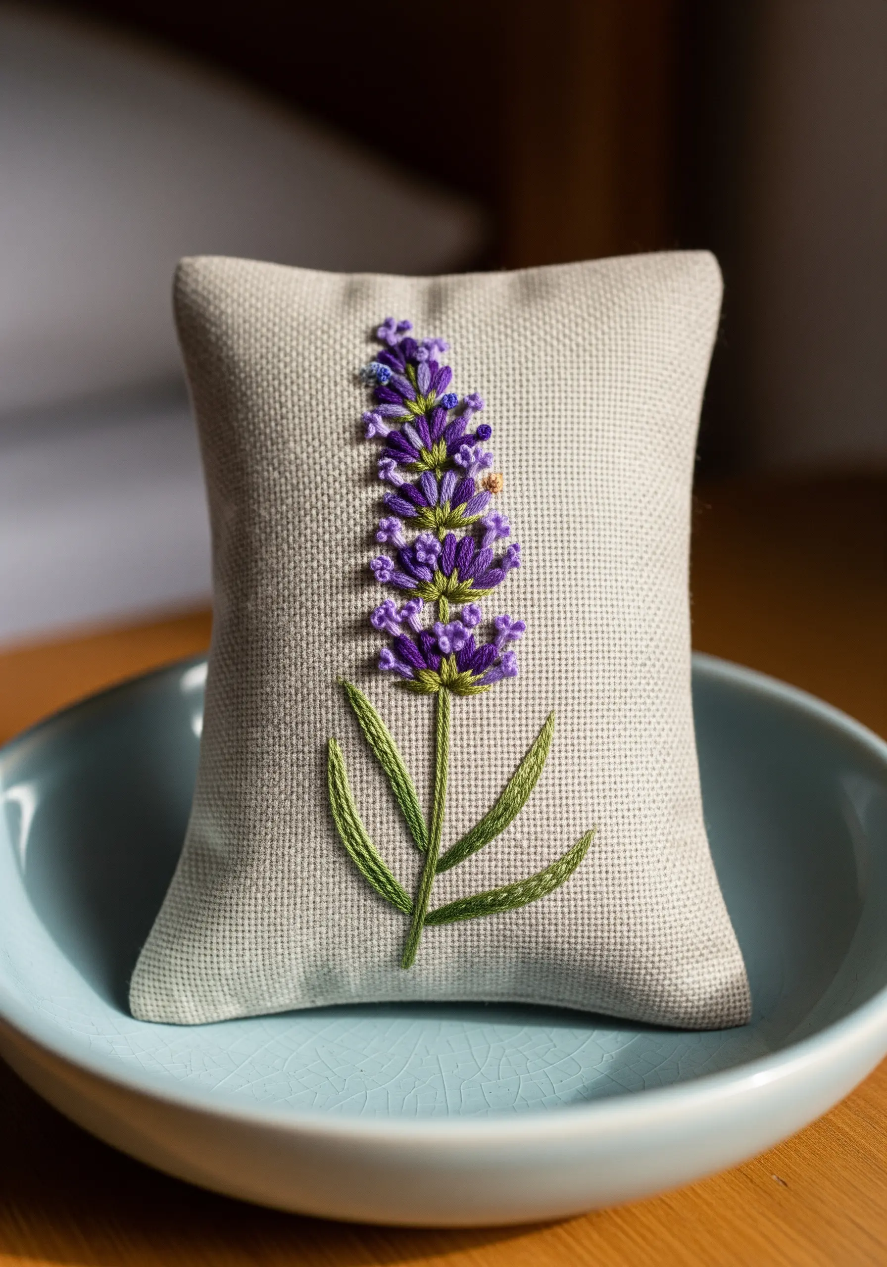 A small linen pillow sachet with an embroidered lavender stalk.