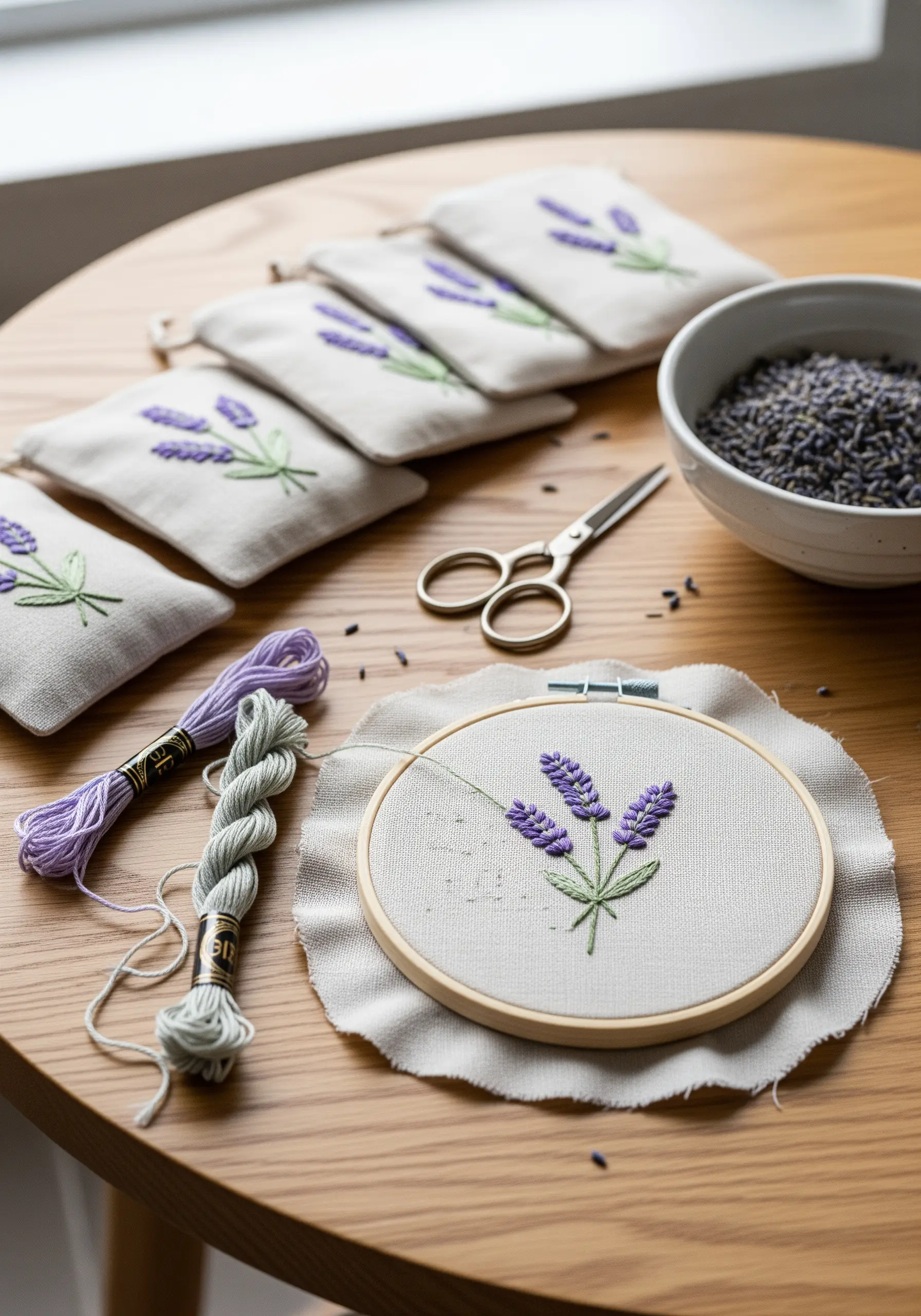 Hand-embroidered lavender sprigs on small linen sachets, with thread and scissors nearby.