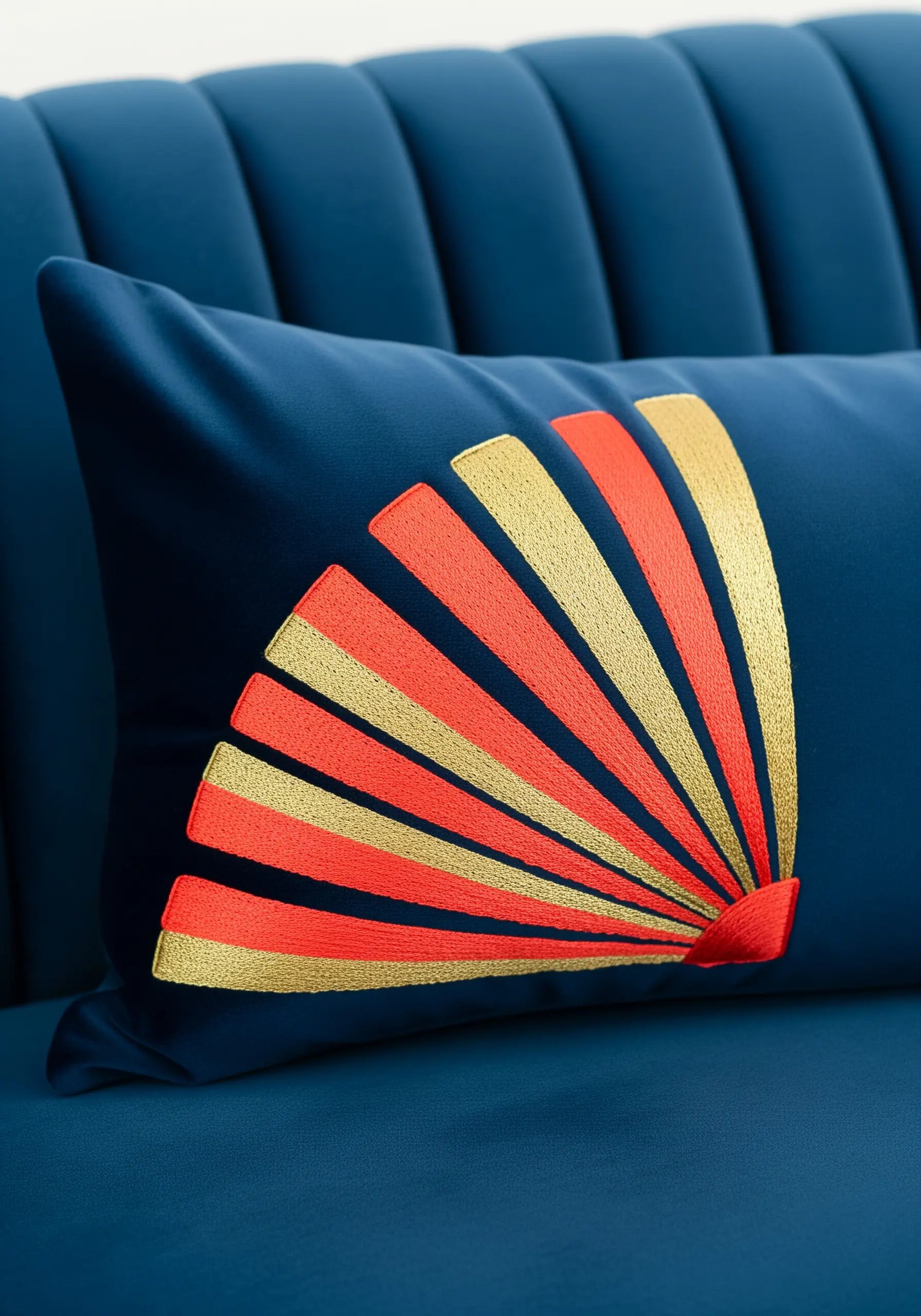 Art Deco fan design in coral and gold metallic thread on a royal blue velvet pillow.