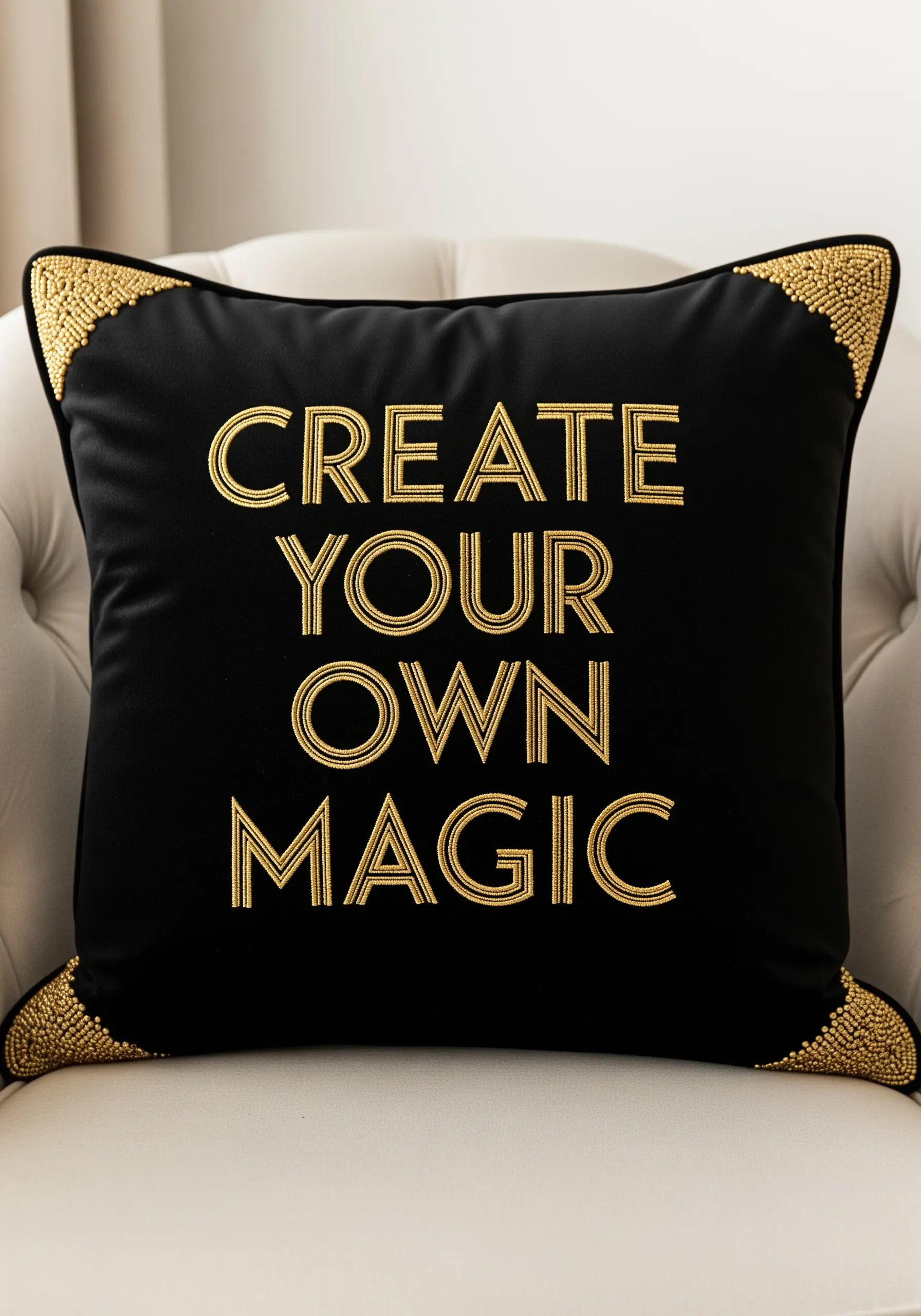 Bold gold lettering and beaded corners on a black pillow in Art Deco style.