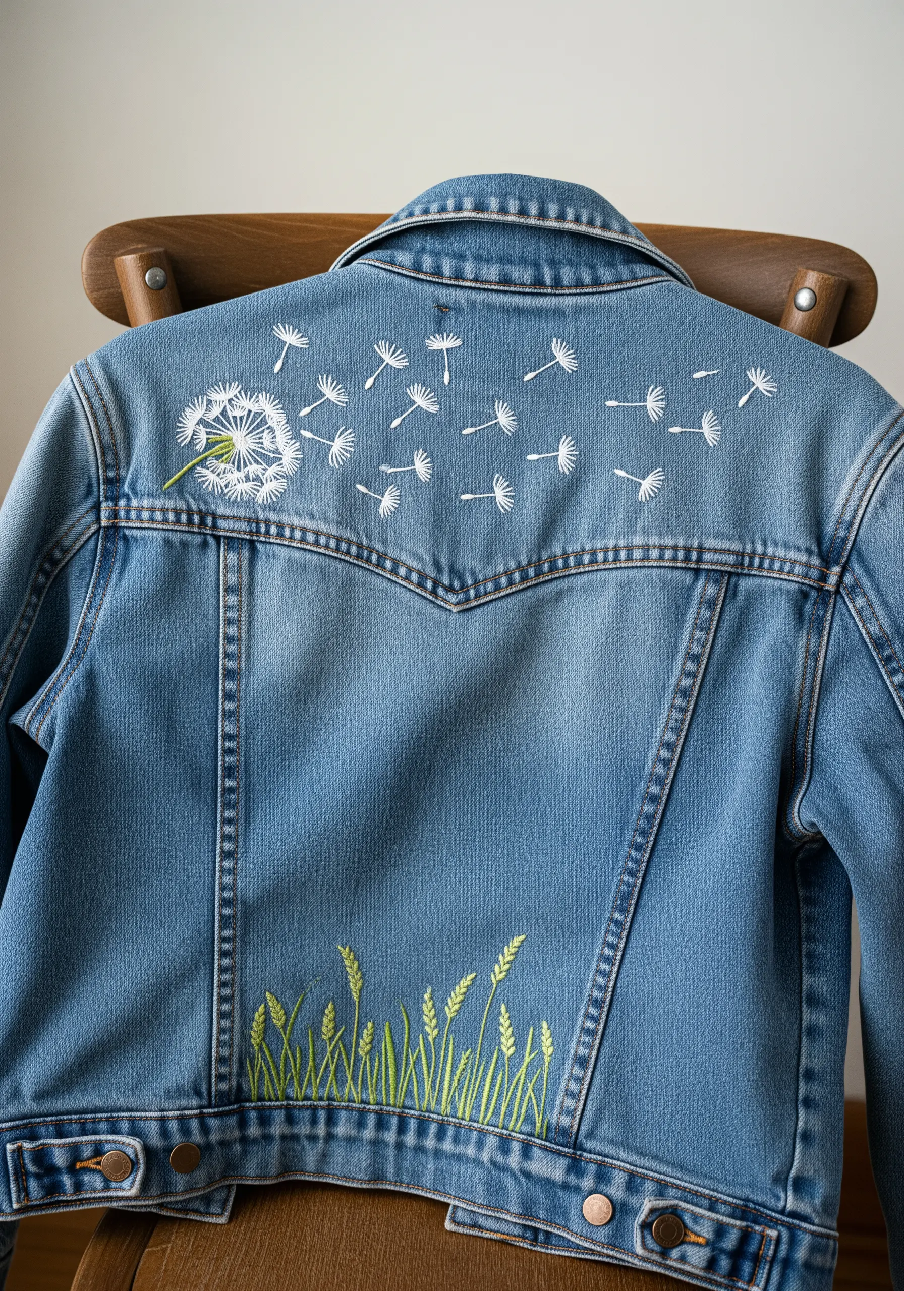 Dandelion seed head and floating seeds embroidered on the back of a denim jacket.