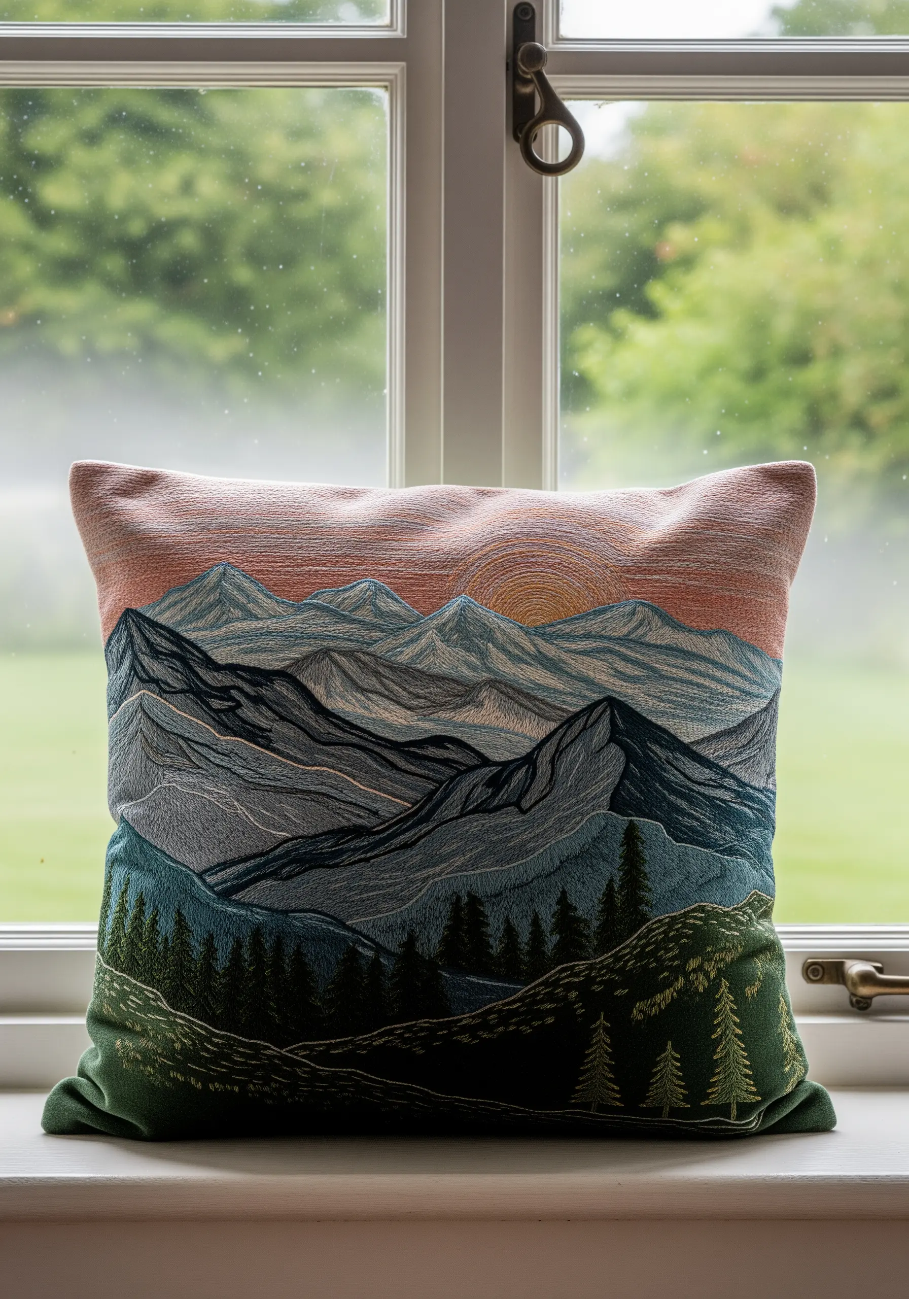 Embroidered mountain landscape on a pillow, showing layered peaks at sunrise.