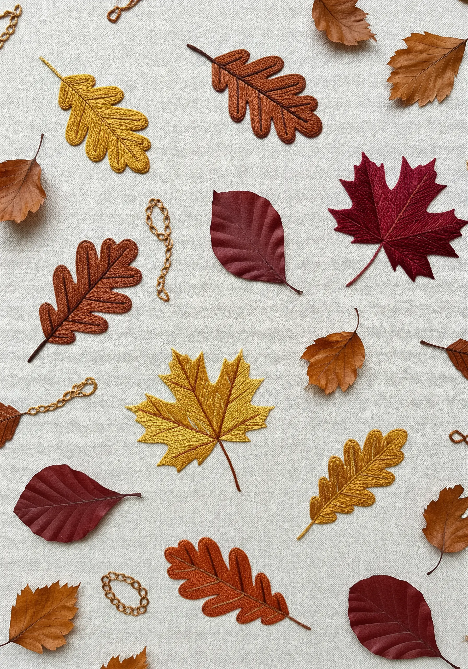 A collection of embroidered autumn leaves in red, orange, and yellow, arranged on a flat surface.