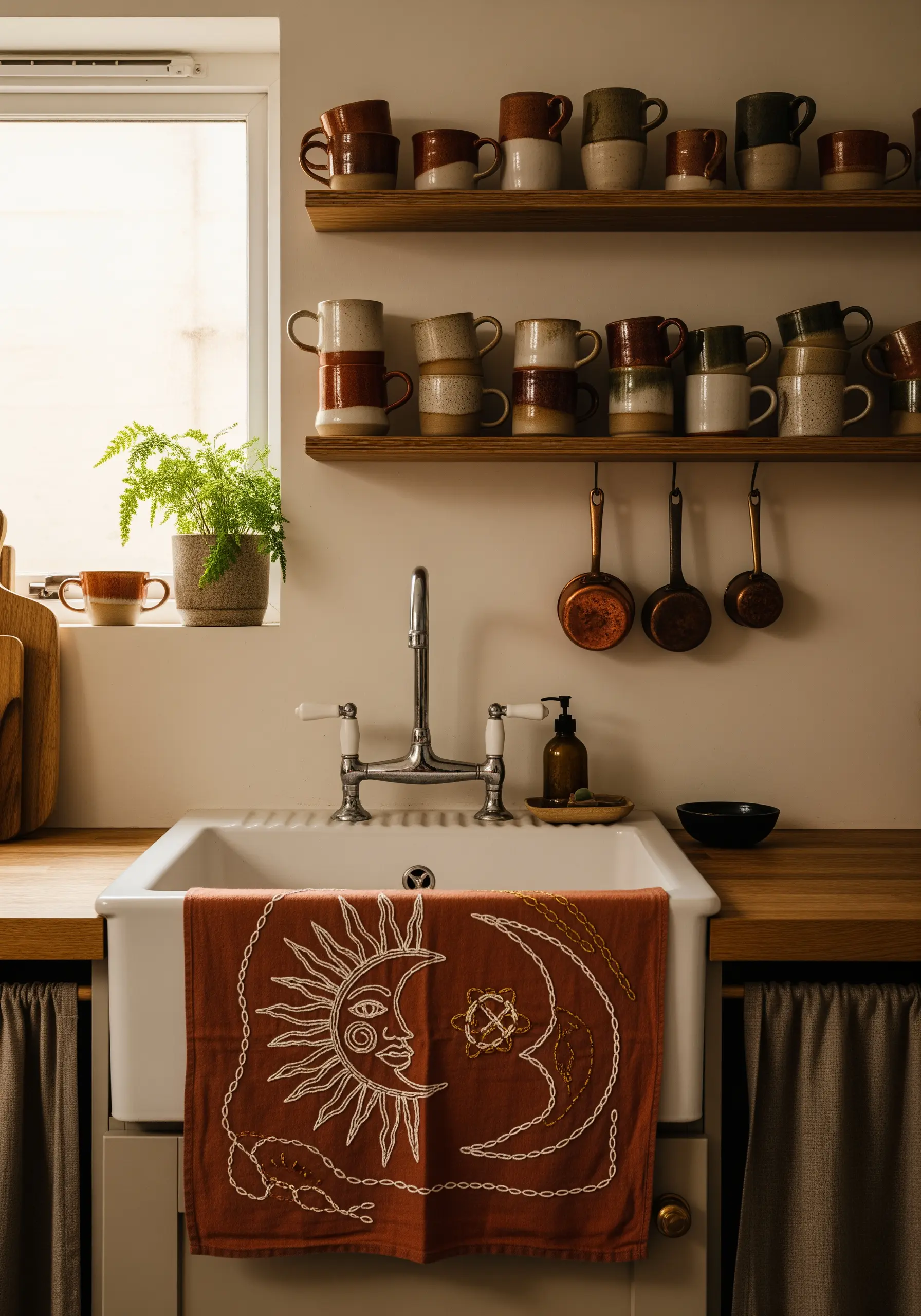 A celestial sun and moon design embroidered in white thread on a terracotta-colored towel.