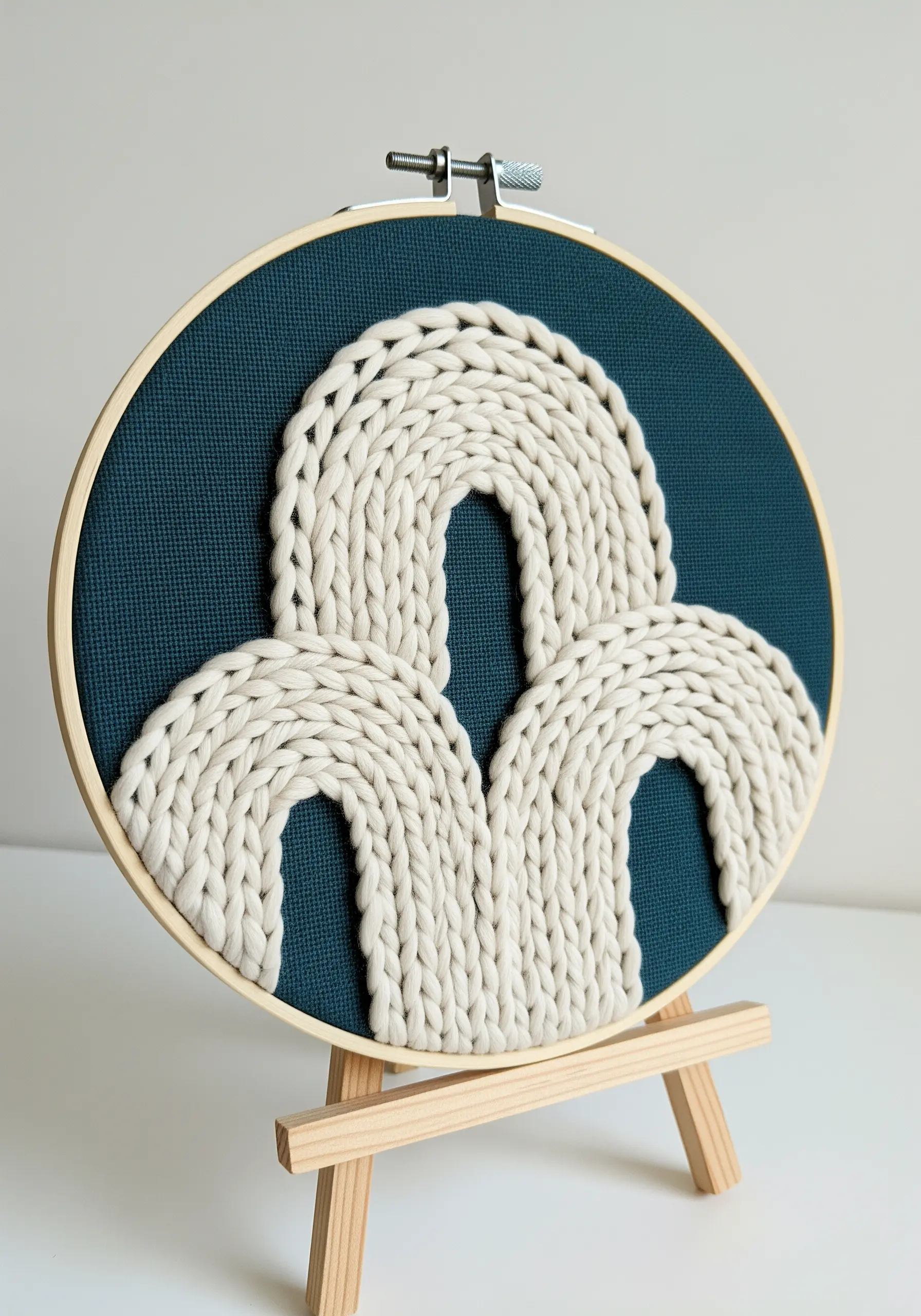 Three-dimensional arches made with thick, couched cotton cord on a dark teal fabric.