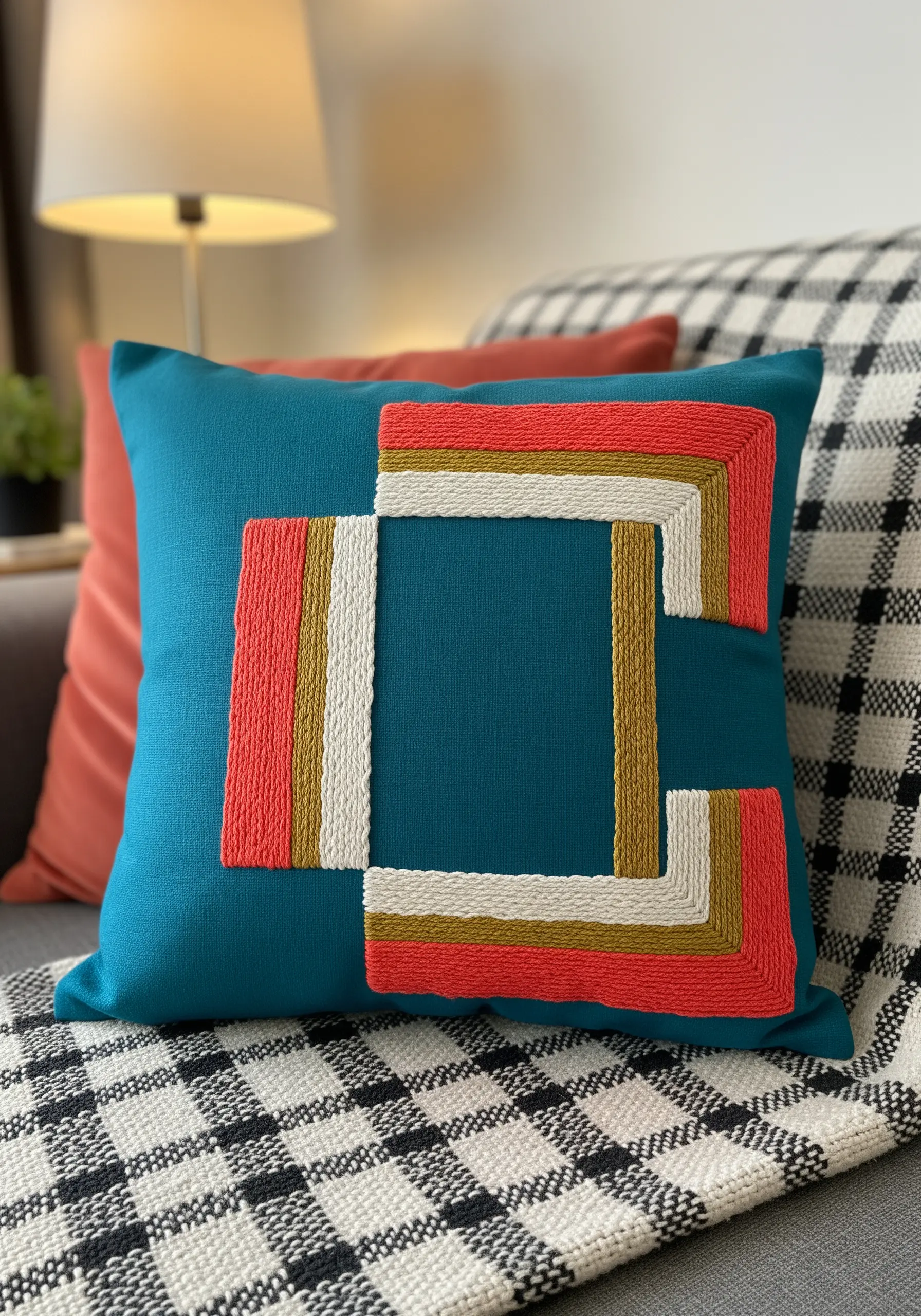 A teal throw pillow with a large, abstract geometric design embroidered in red, white, and gold.