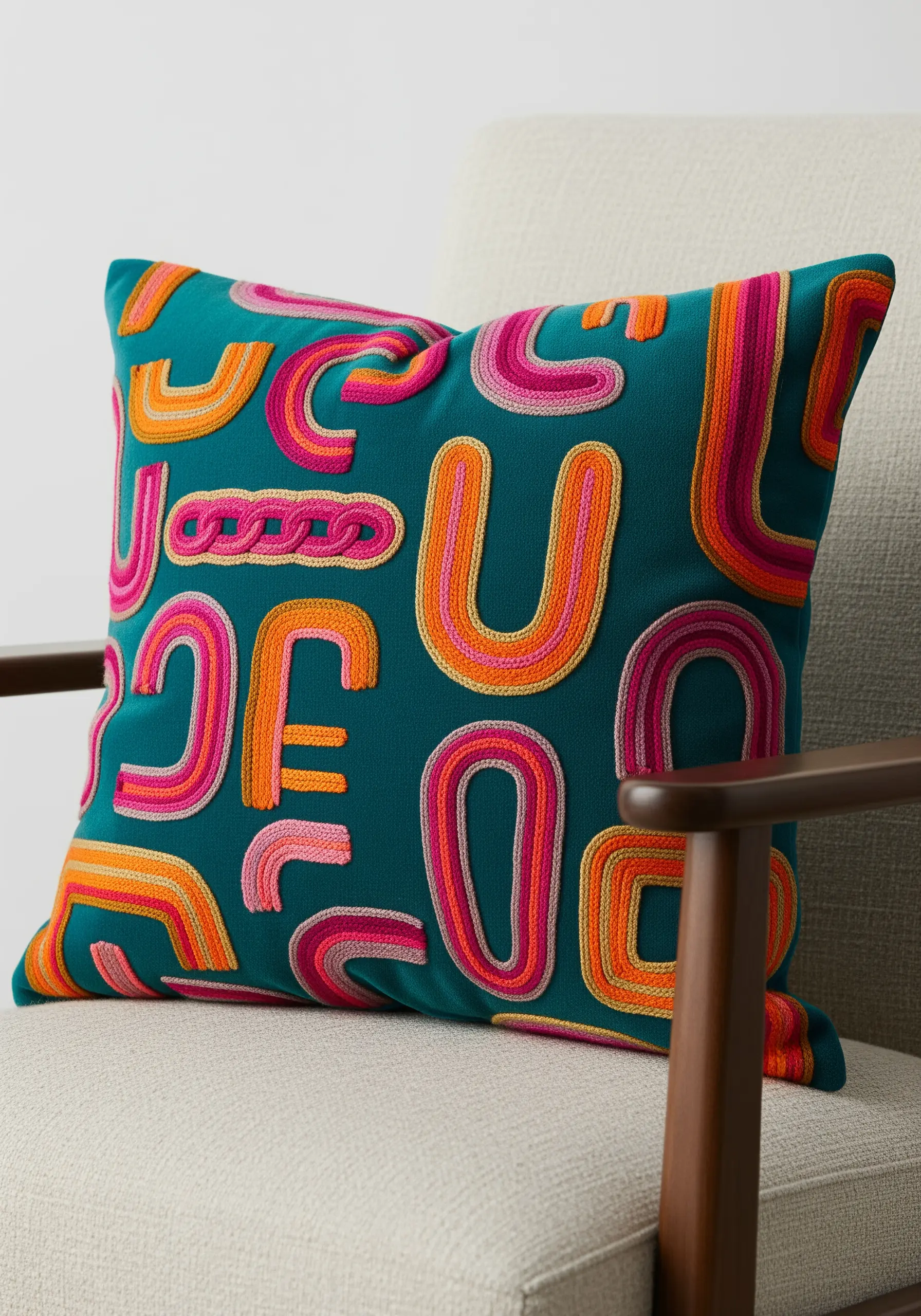 A dark teal cushion with vibrant, puffy embroidered letters in pink, orange, and yellow.