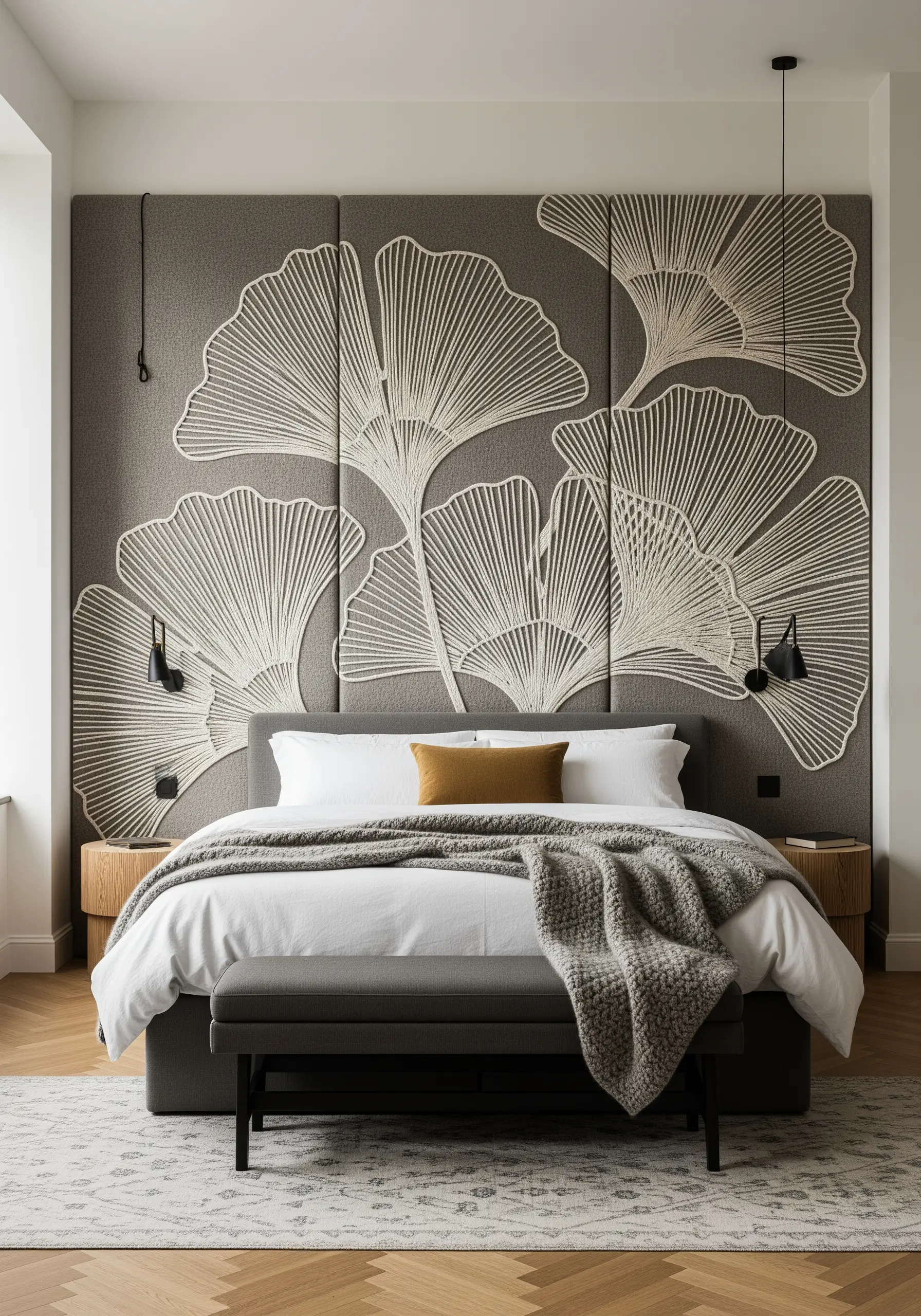 A large, multi-panel wall art piece with bold white outlines of ginkgo leaves on a gray background.