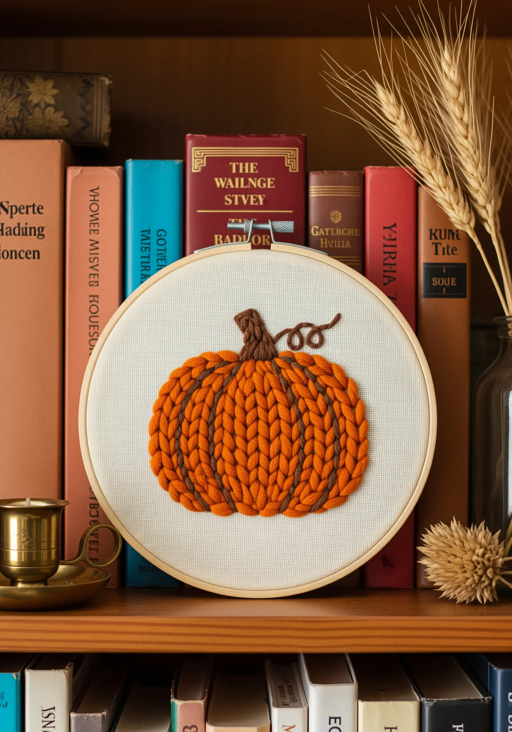 A pumpkin embroidered with thick orange and brown yarn to create a chunky, ribbed texture.