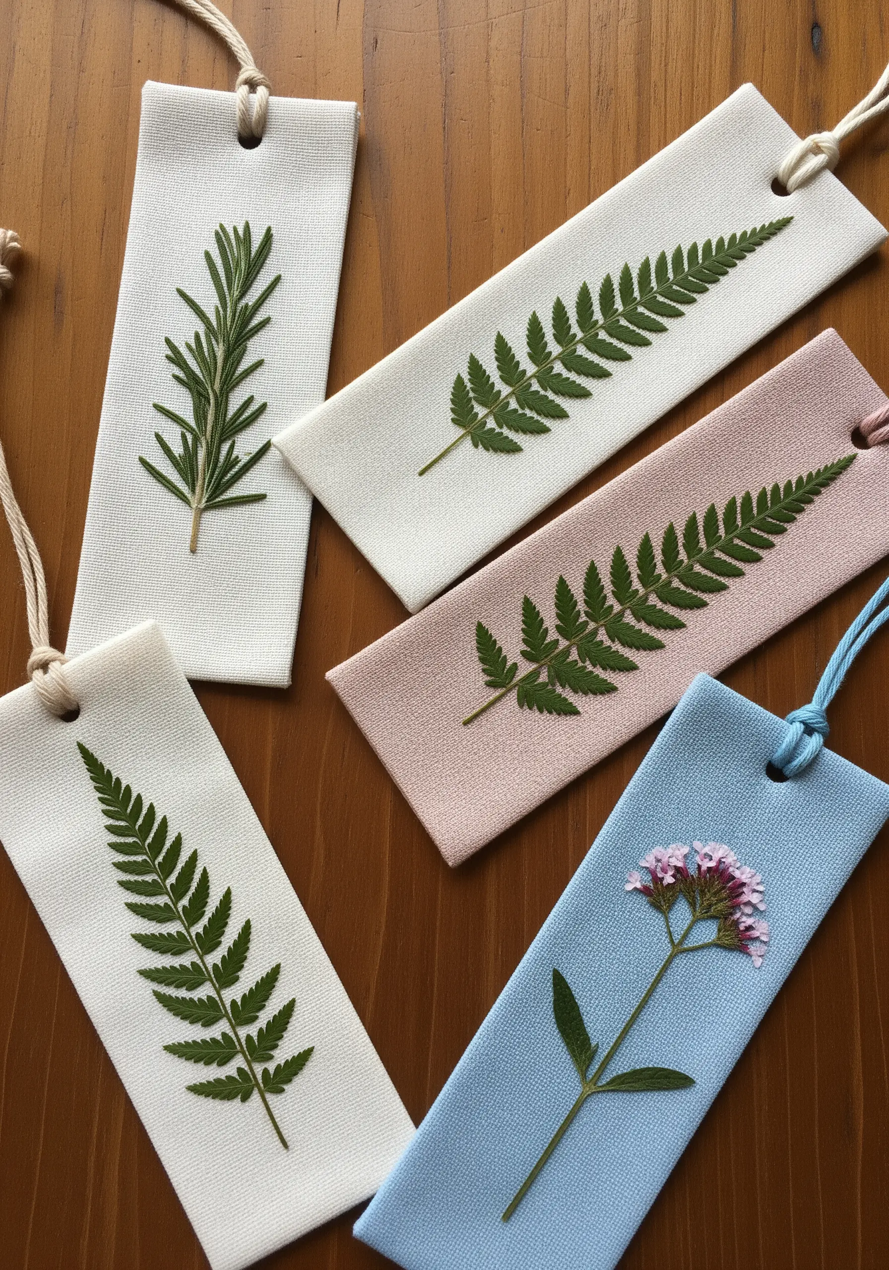 A collection of fabric bookmarks, each decorated with a single pressed fern or herb sprig.