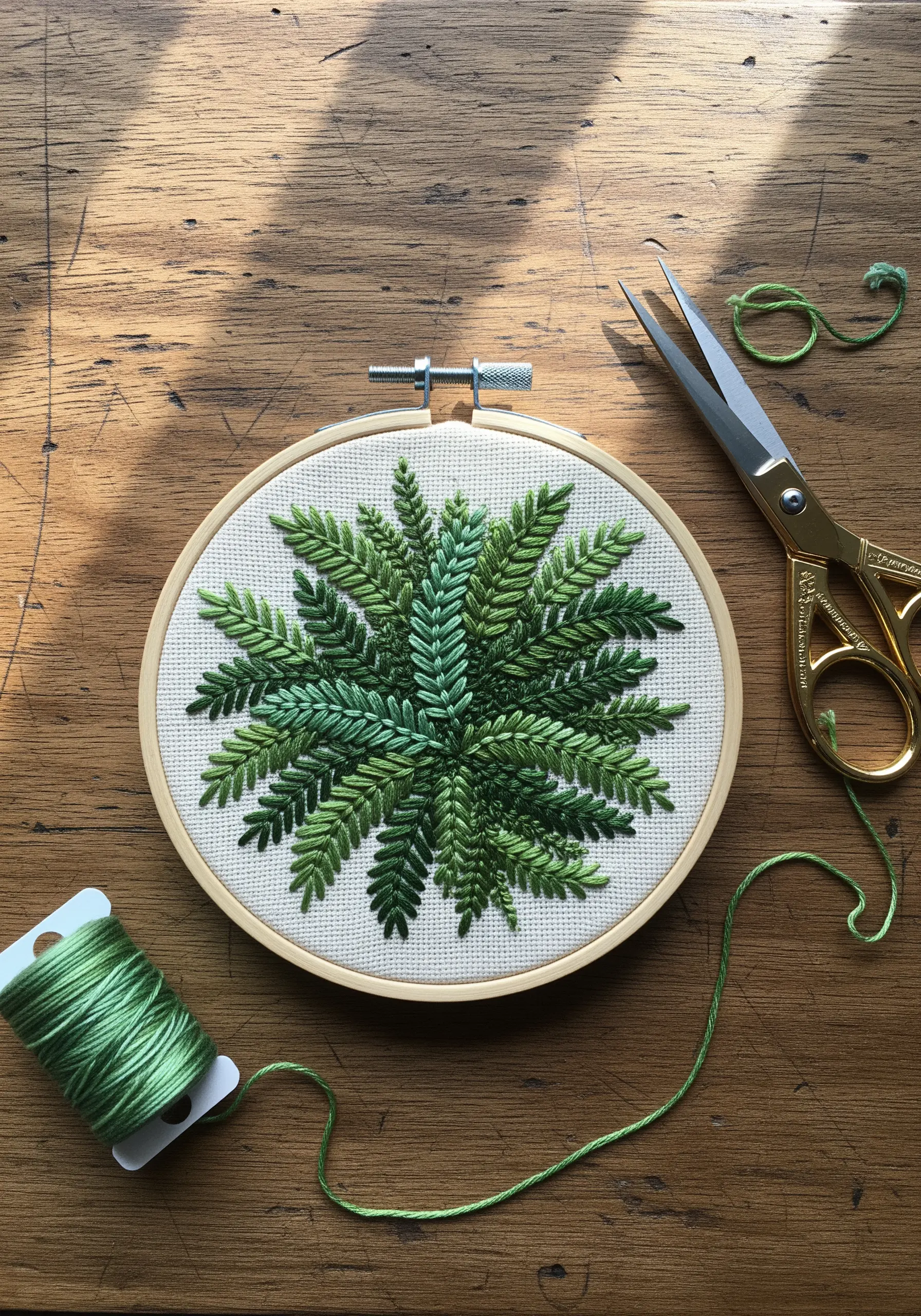 An embroidery hoop with a dense, green fern stitched using various shades to create depth.