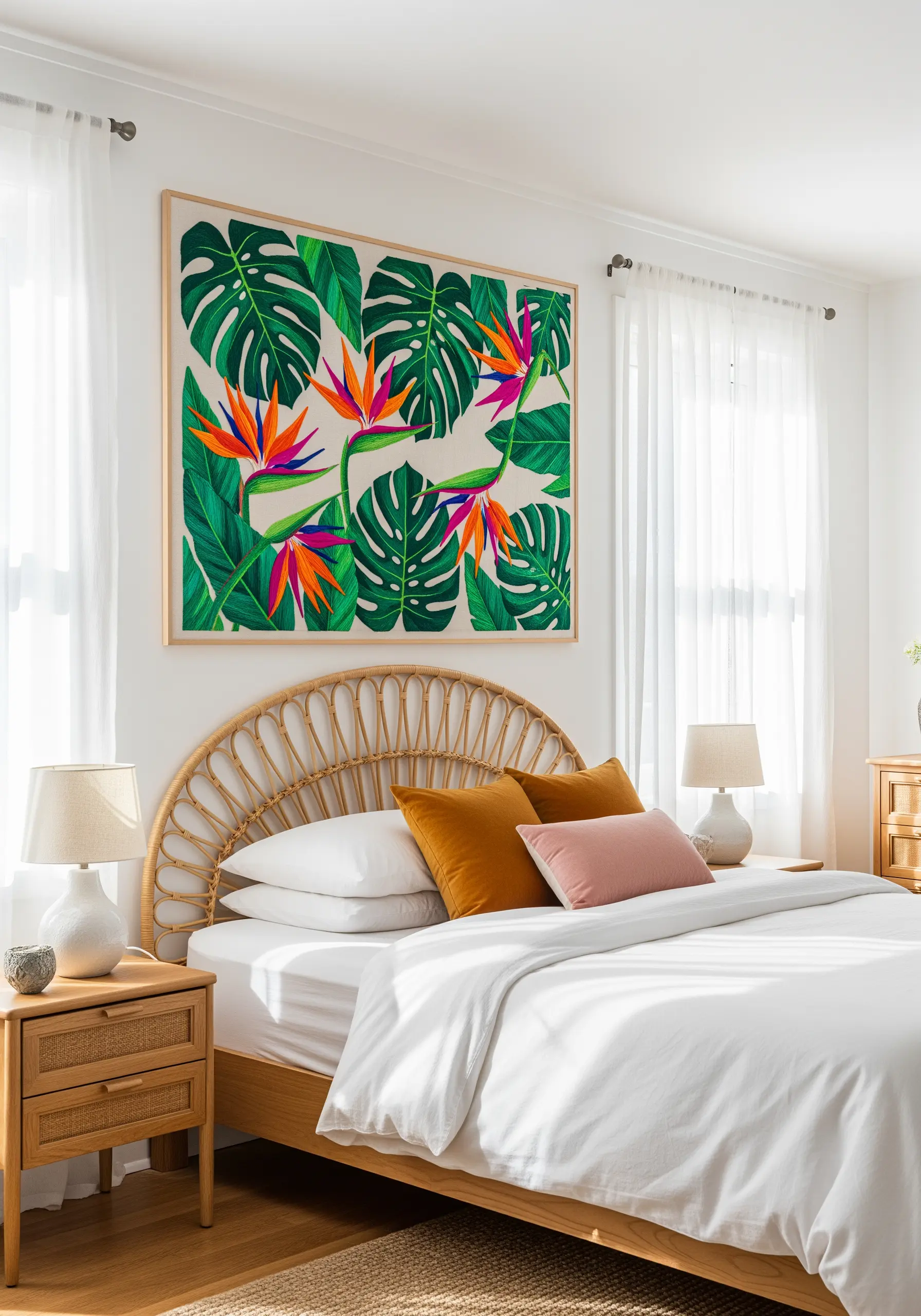 Large embroidery wall panel of tropical leaves and Bird of Paradise flowers above a rattan headboard.
