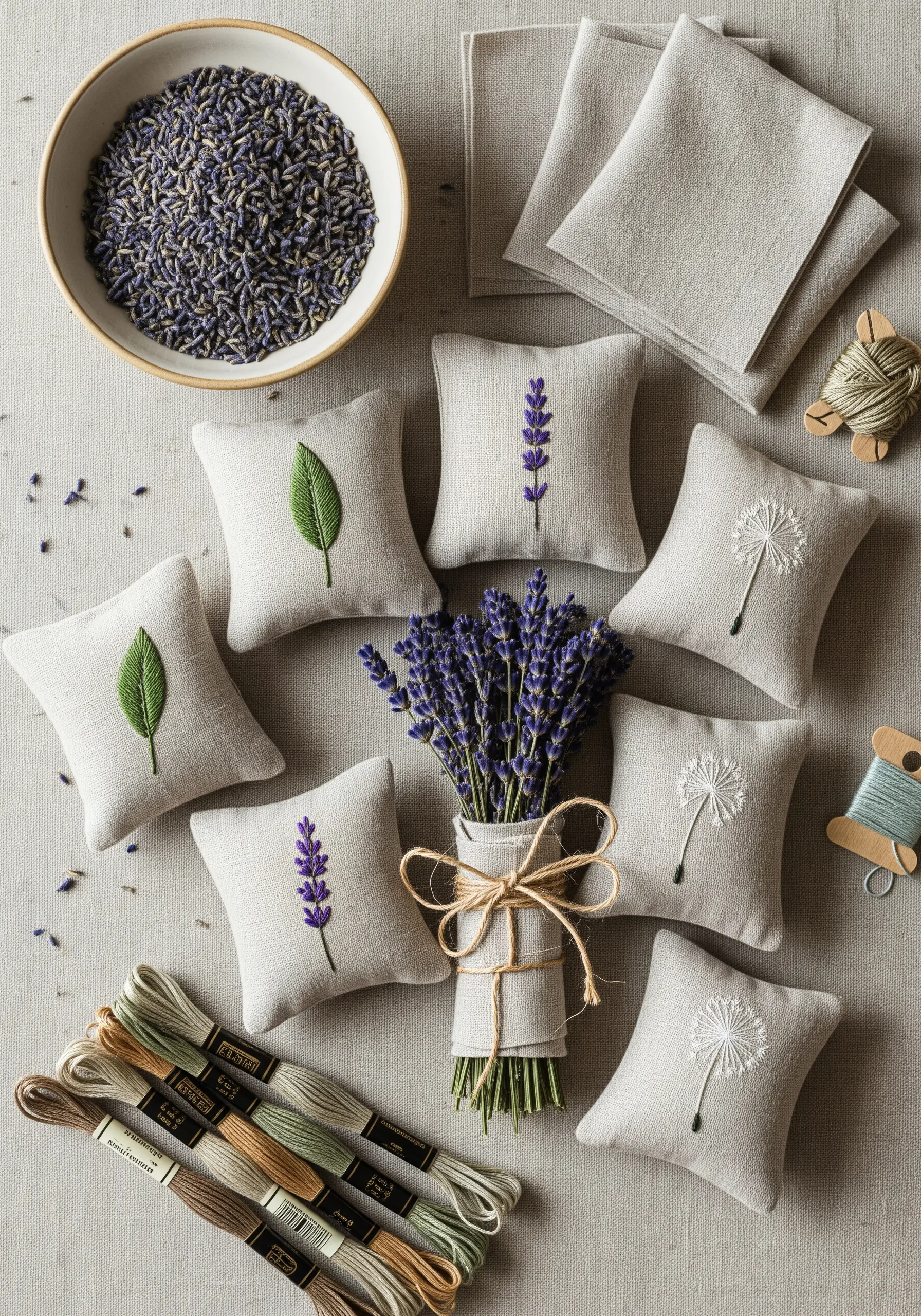 Small linen sachets embroidered with lavender and dandelions, filled with dried lavender buds.