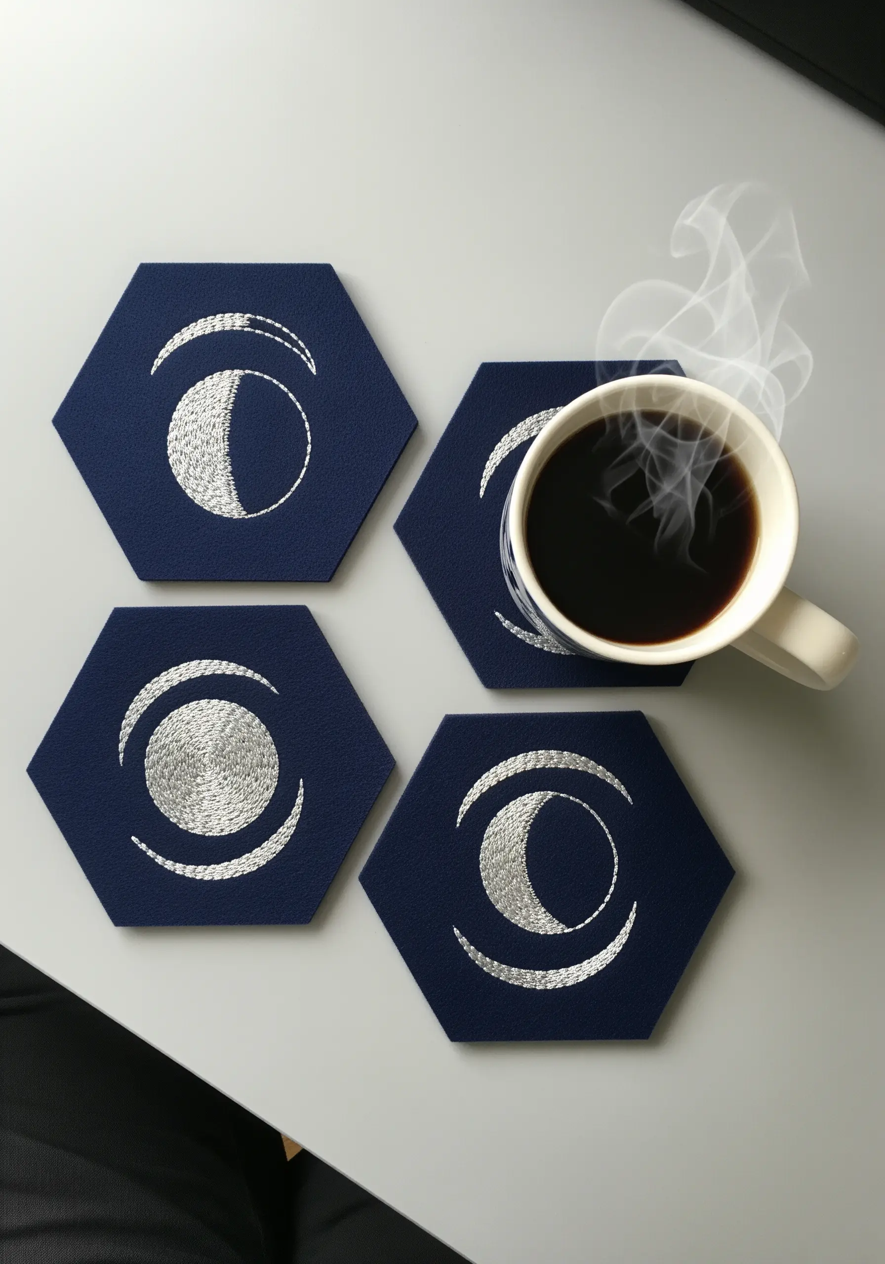 Hexagonal navy blue coasters with silver embroidered moon phases.