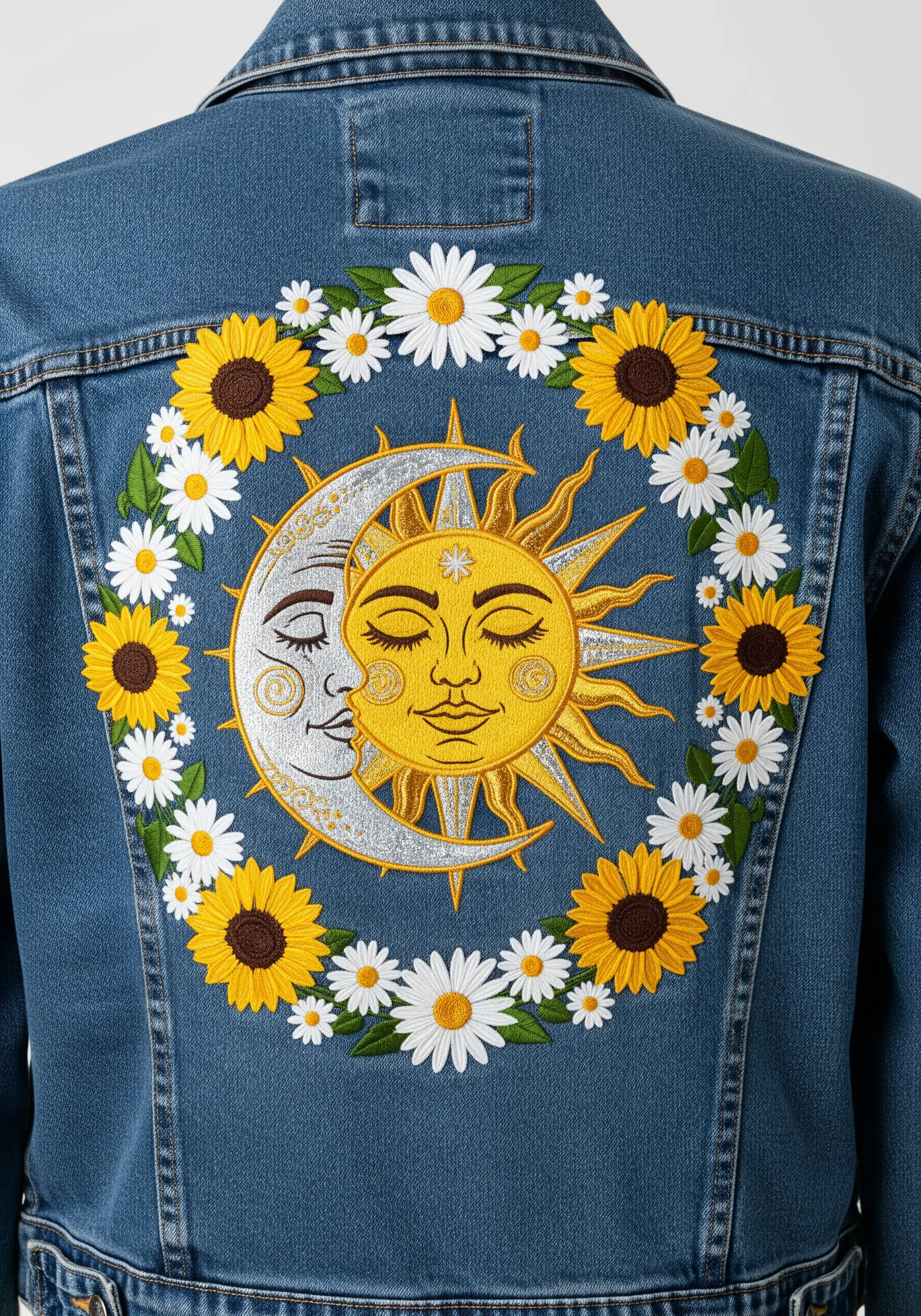 Embroidered sun and moon faces inside a wreath of sunflowers and daisies on a denim jacket.