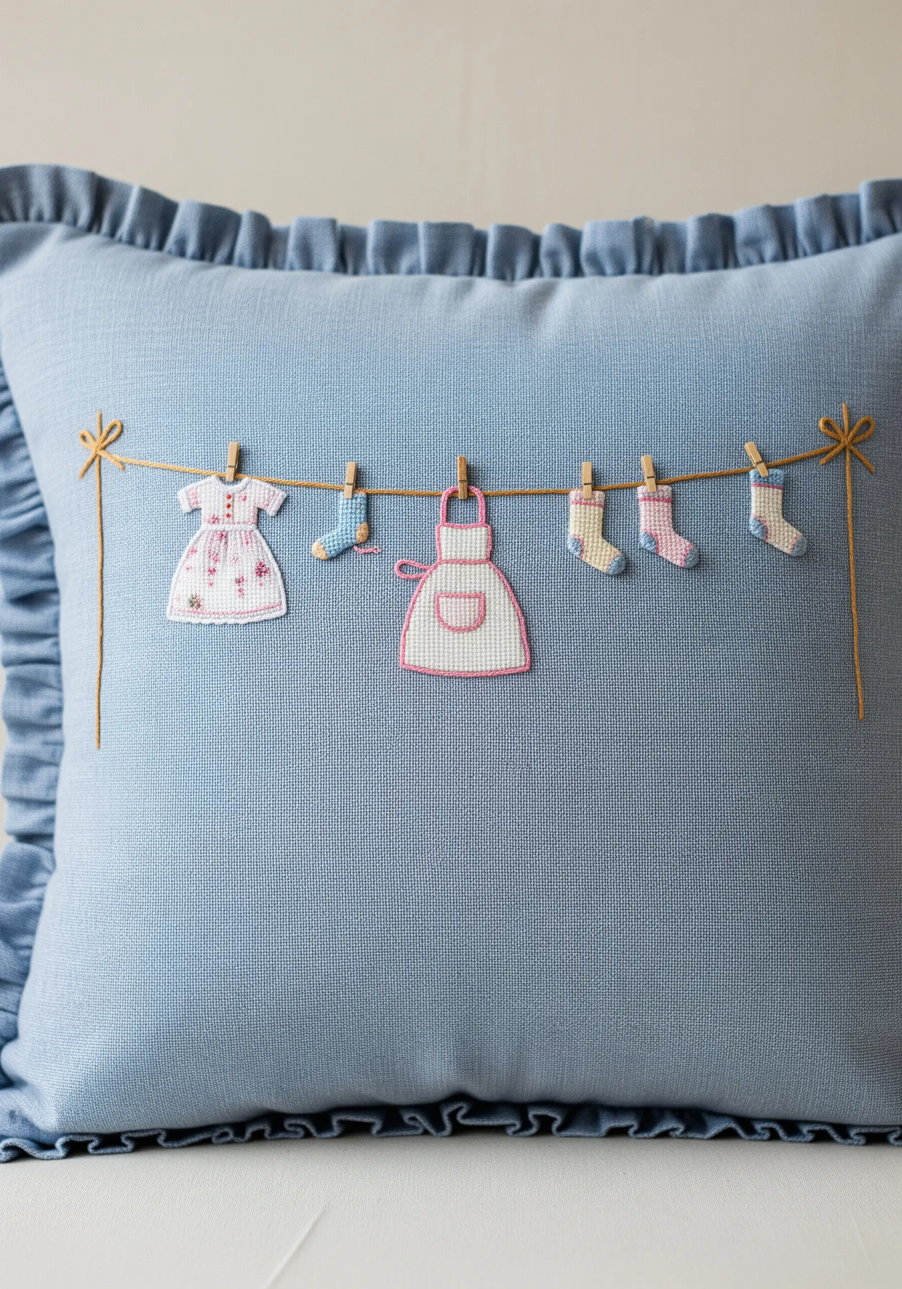 A clothesline with tiny appliqué clothes and socks on a blue ruffled cushion.
