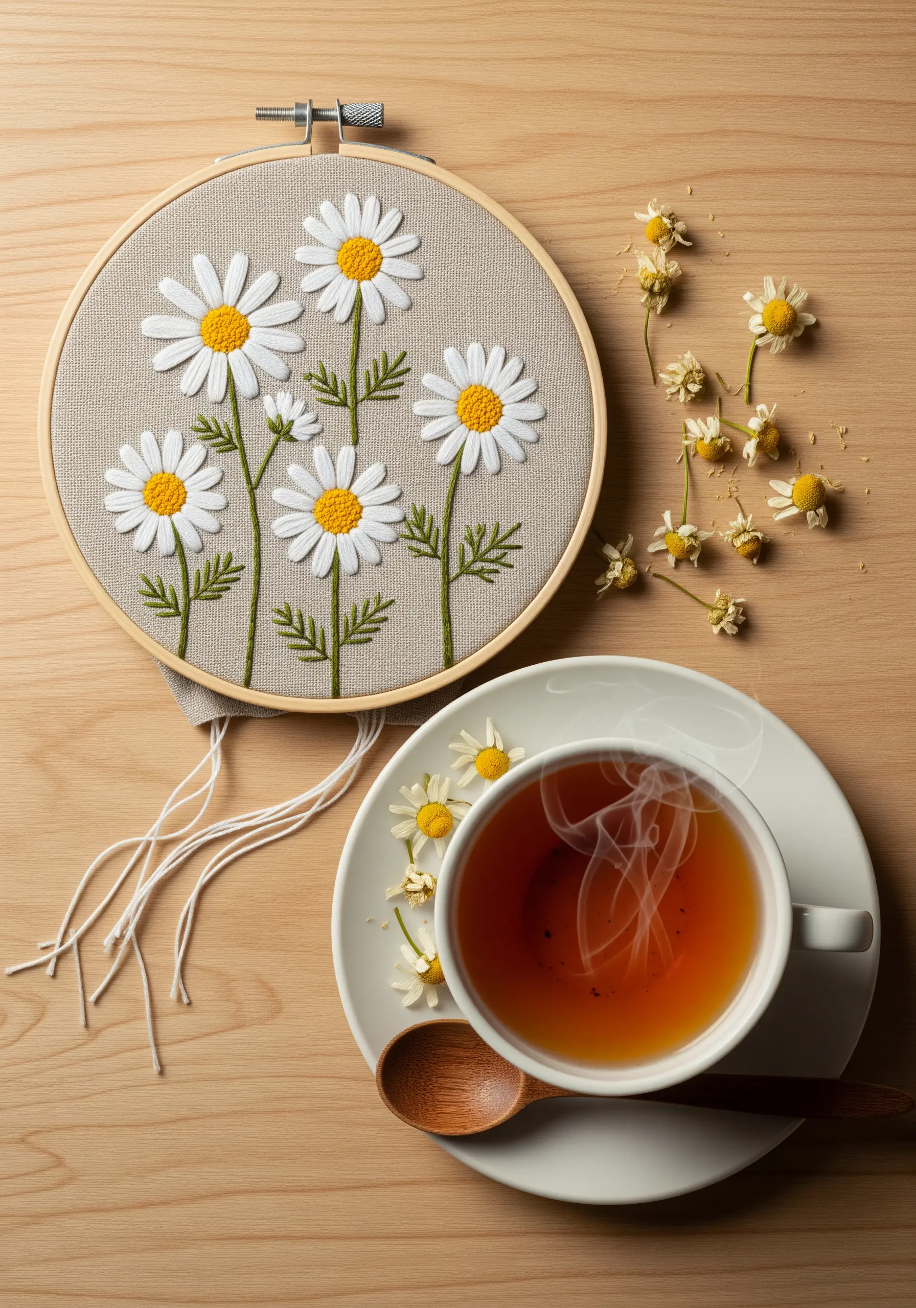 Embroidered chamomile flowers with long white petals and yellow centers in a hoop.