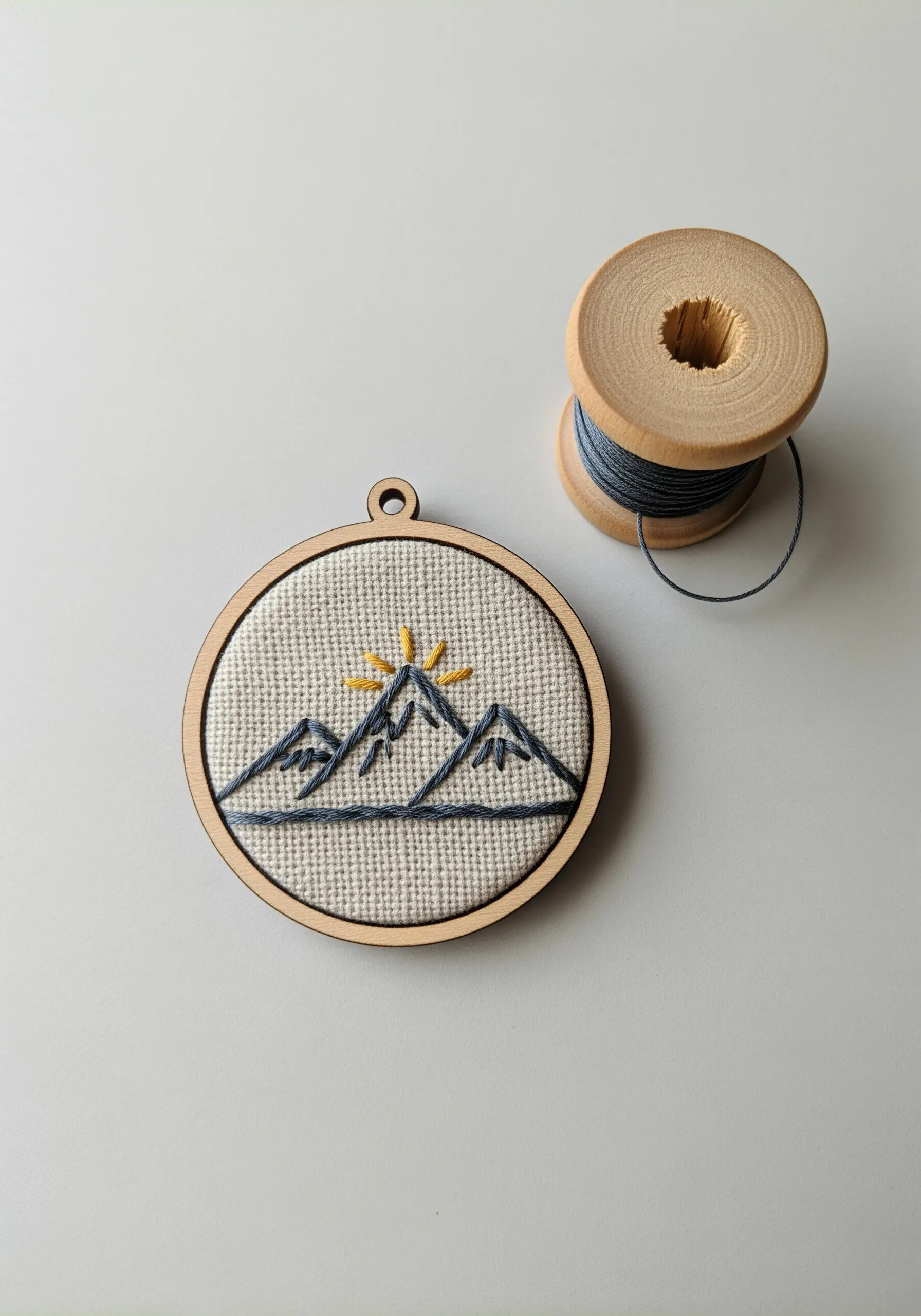 Minimalist embroidered mountains with a yellow sun, framed in a small wooden hoop.