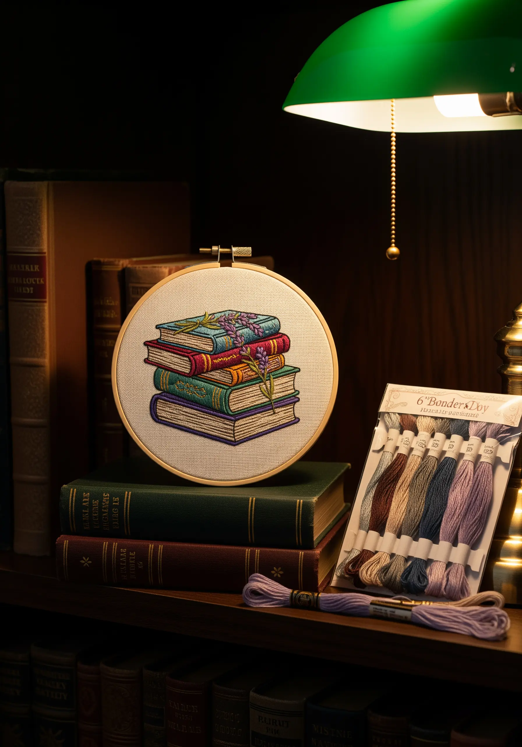 An embroidery of a stack of colorful books with lavender on top, sitting on a bookshelf.