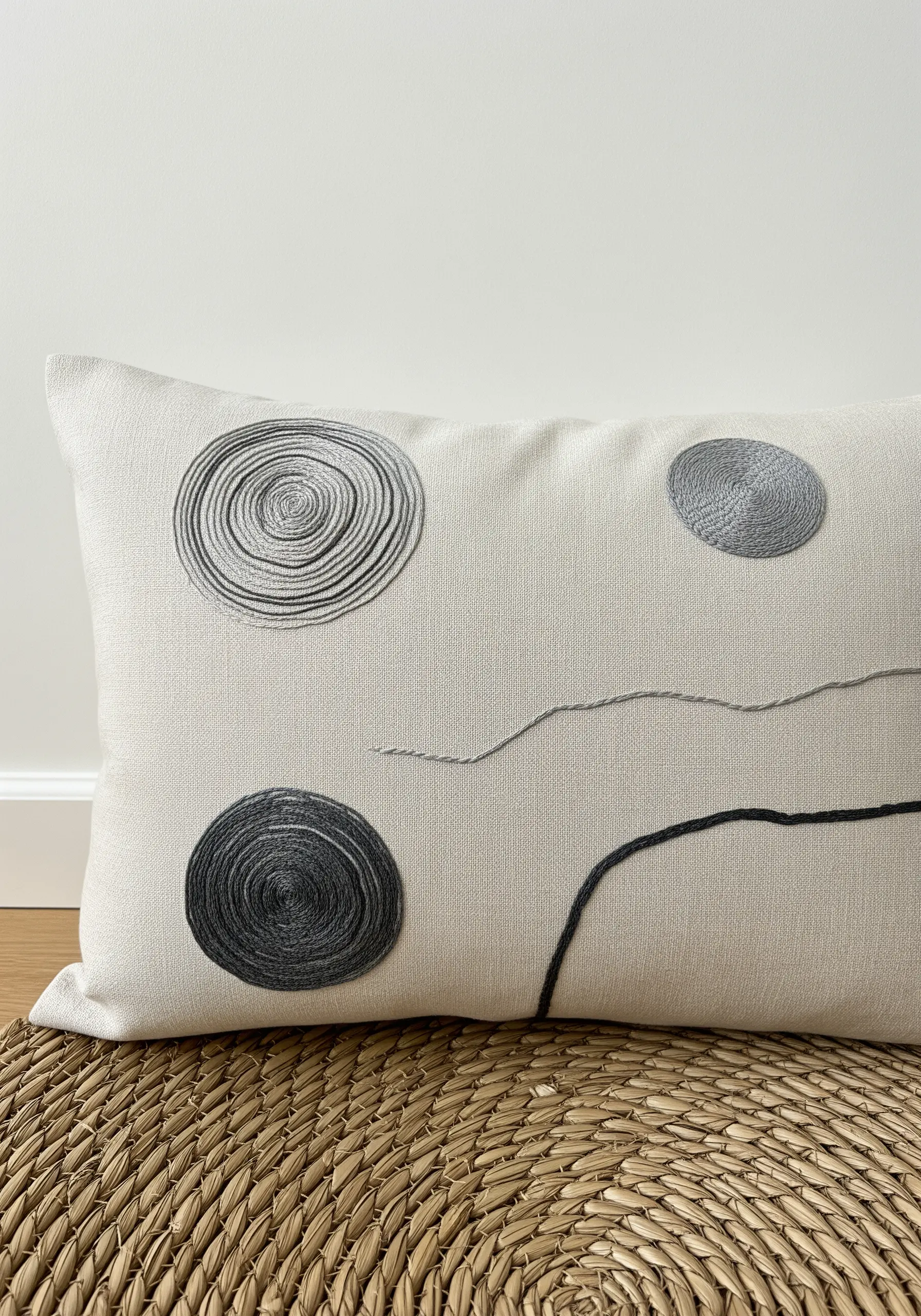 A linen pillow with coiled thread circles in grey and black, contrasted with thin stitched lines.