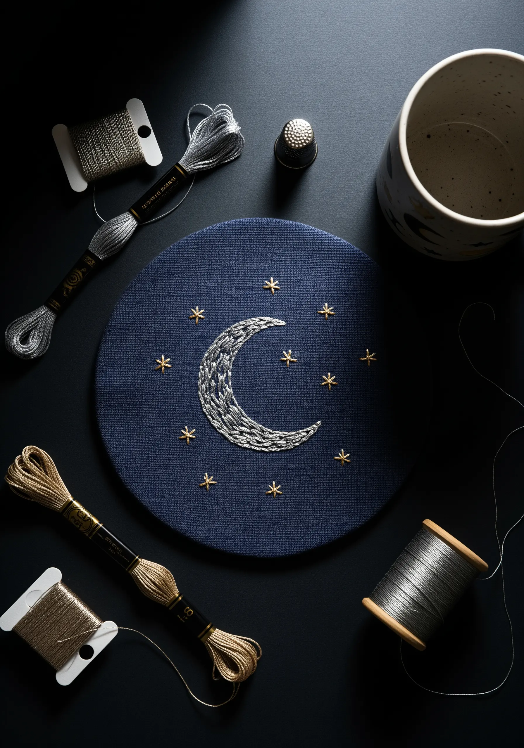 A silver embroidered moon and gold stars stitched with metallic thread on dark blue fabric.