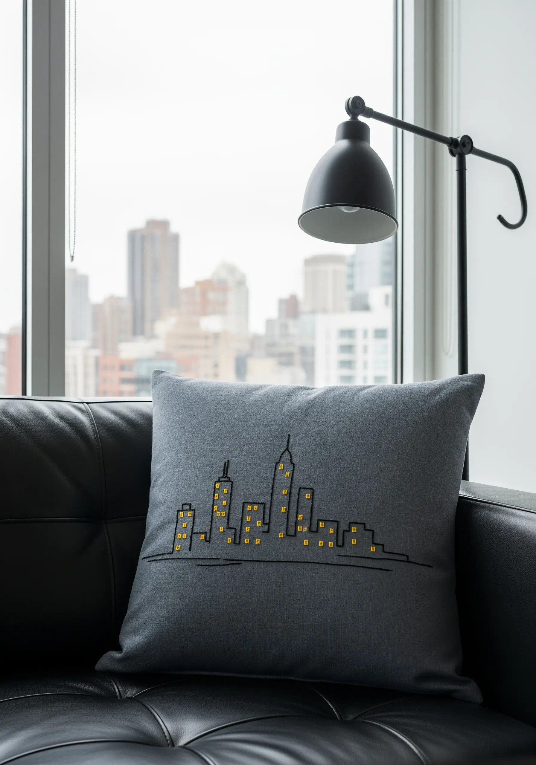 Minimalist embroidered cityscape outline with glowing yellow windows on a gray cushion.